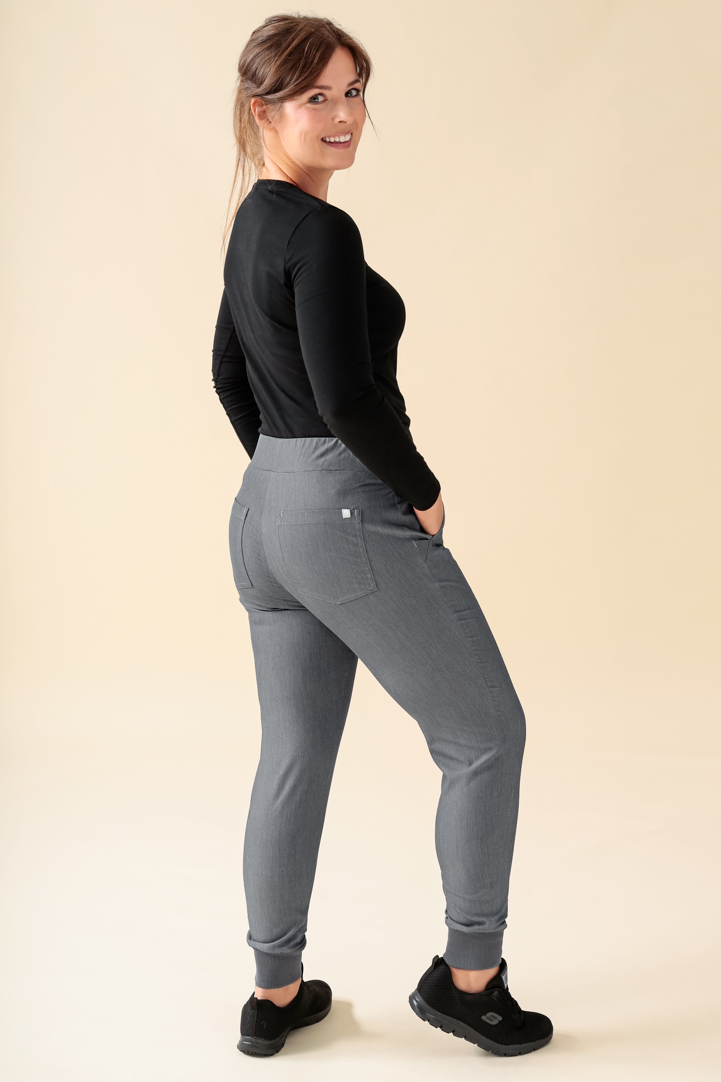 KAERE Pantalon Femme - ourlets côtelés Taille courte et sans poches cargo gris chiné