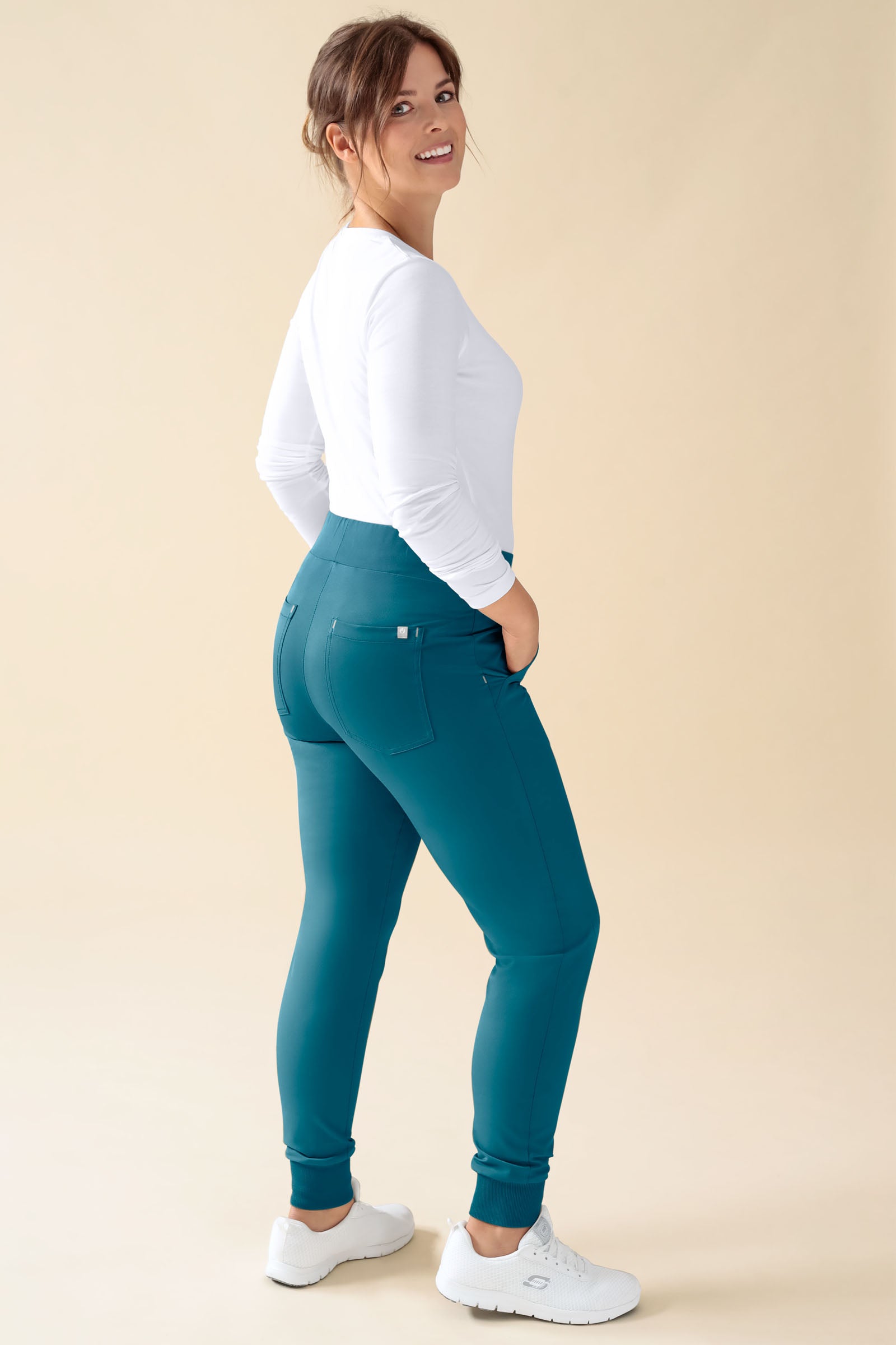 KAERE Pantalon Femme - ourlets côtelés Taille courte et sans poches cargo pétrole
