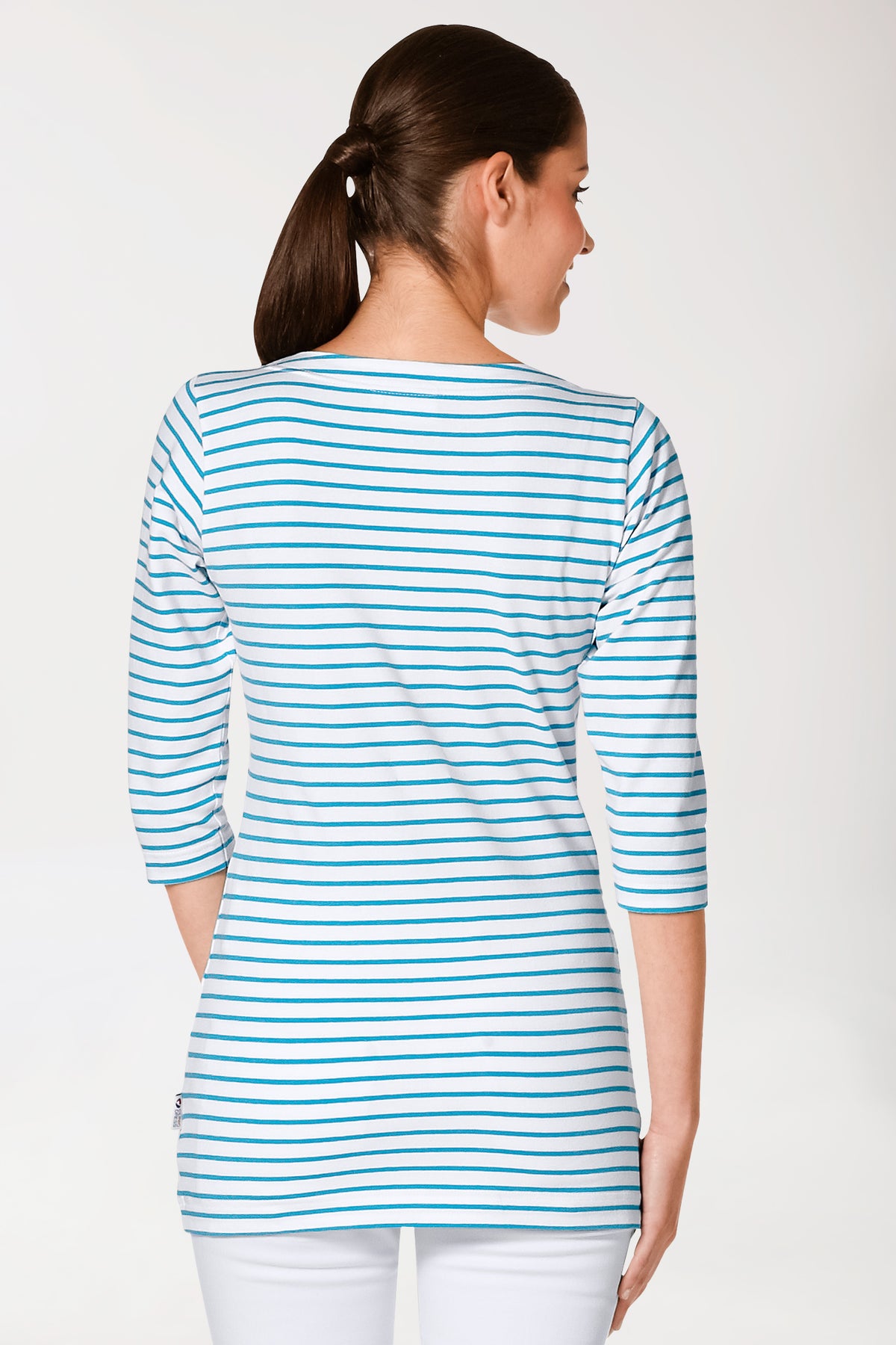 T-shirt long Femme - Manche 3/4 turquoise/blanc, Vue de dos 