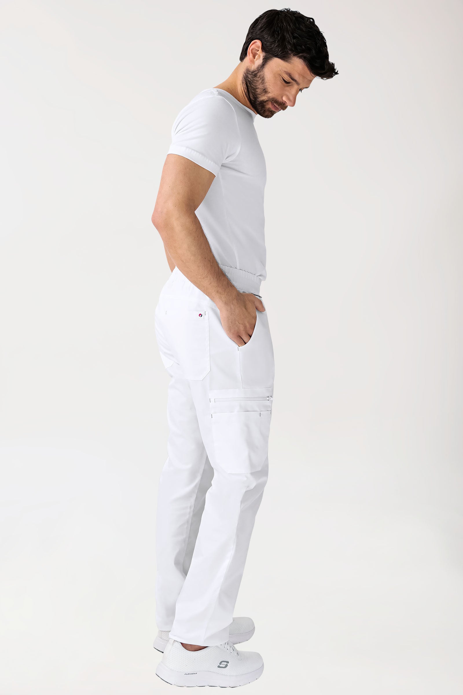 CLINIC STRETCH Pantalon Homme - Bas de jambe droit Taille courte blanc/gris