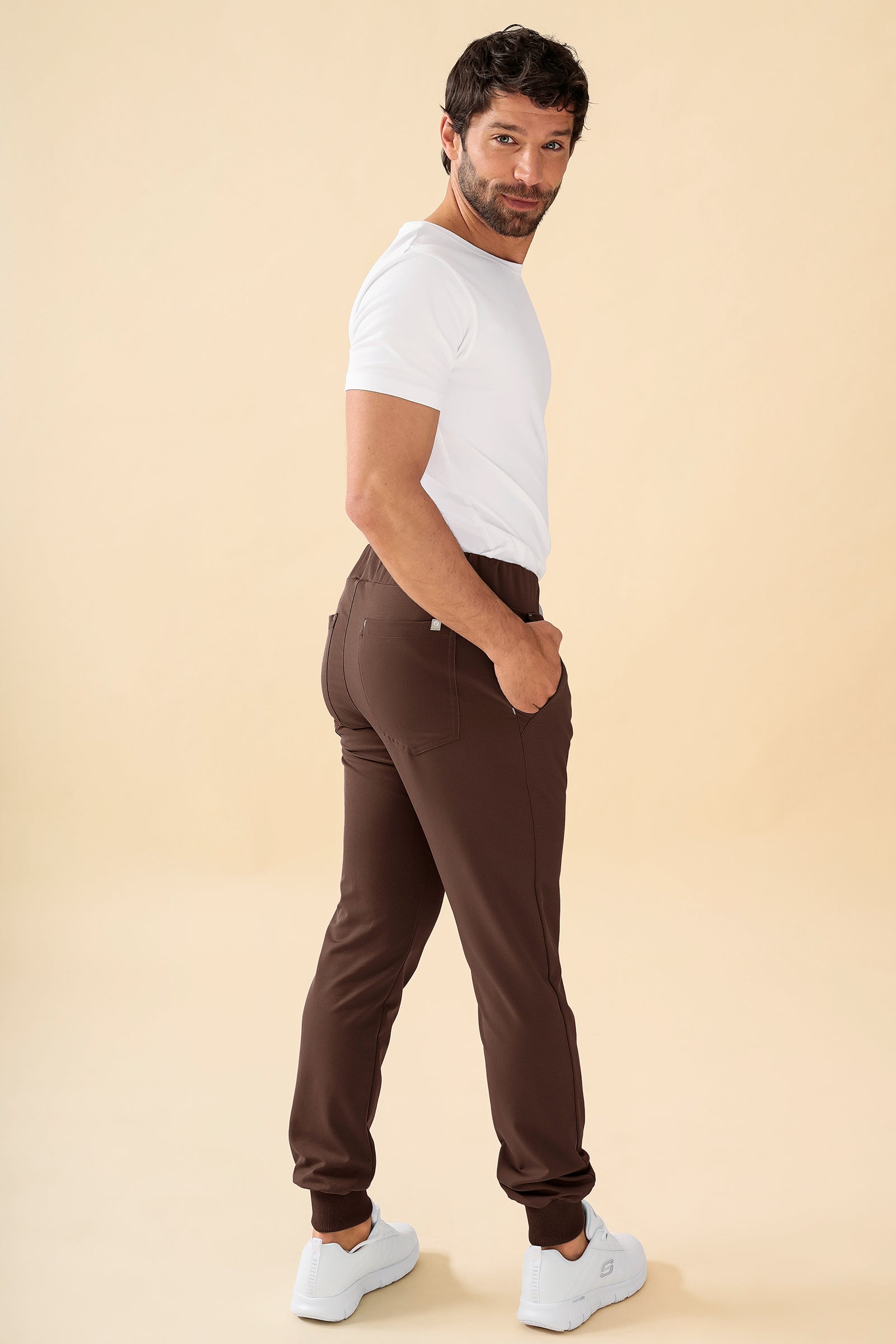 KAERE Pantalon Homme - ourlets côtelés Taille courte et sans poches cargo coffee