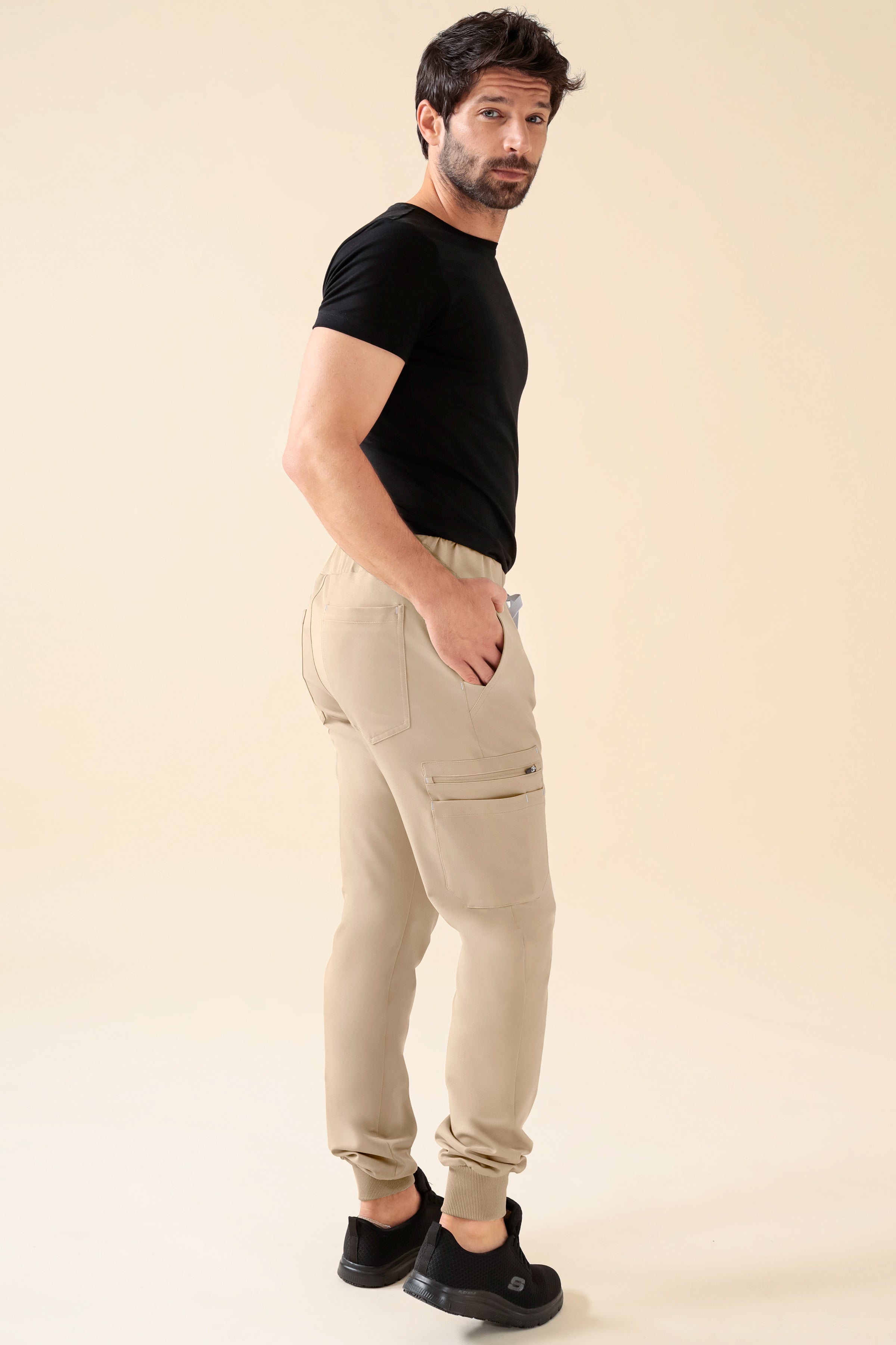 KAERE Pantalon Homme - avec poches cargo et ourlets côtelés Taille courte sable