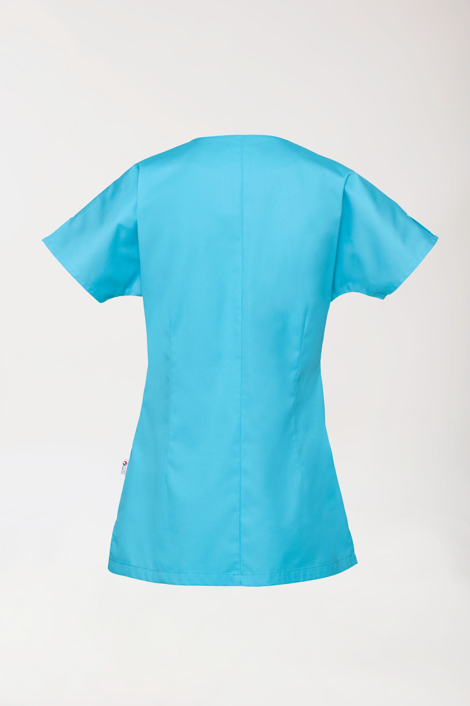 Blouse Beauté Femme - Patte pressions asymétrique turquoise, Vue de dos 
