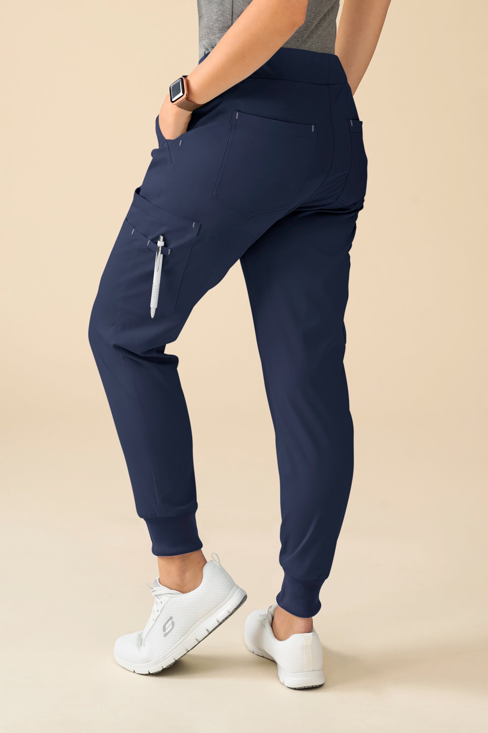 KAERE Pantalon Femme - avec poches cargo et ourlets côtelés Taille courte bleu navy, Vue de dos 