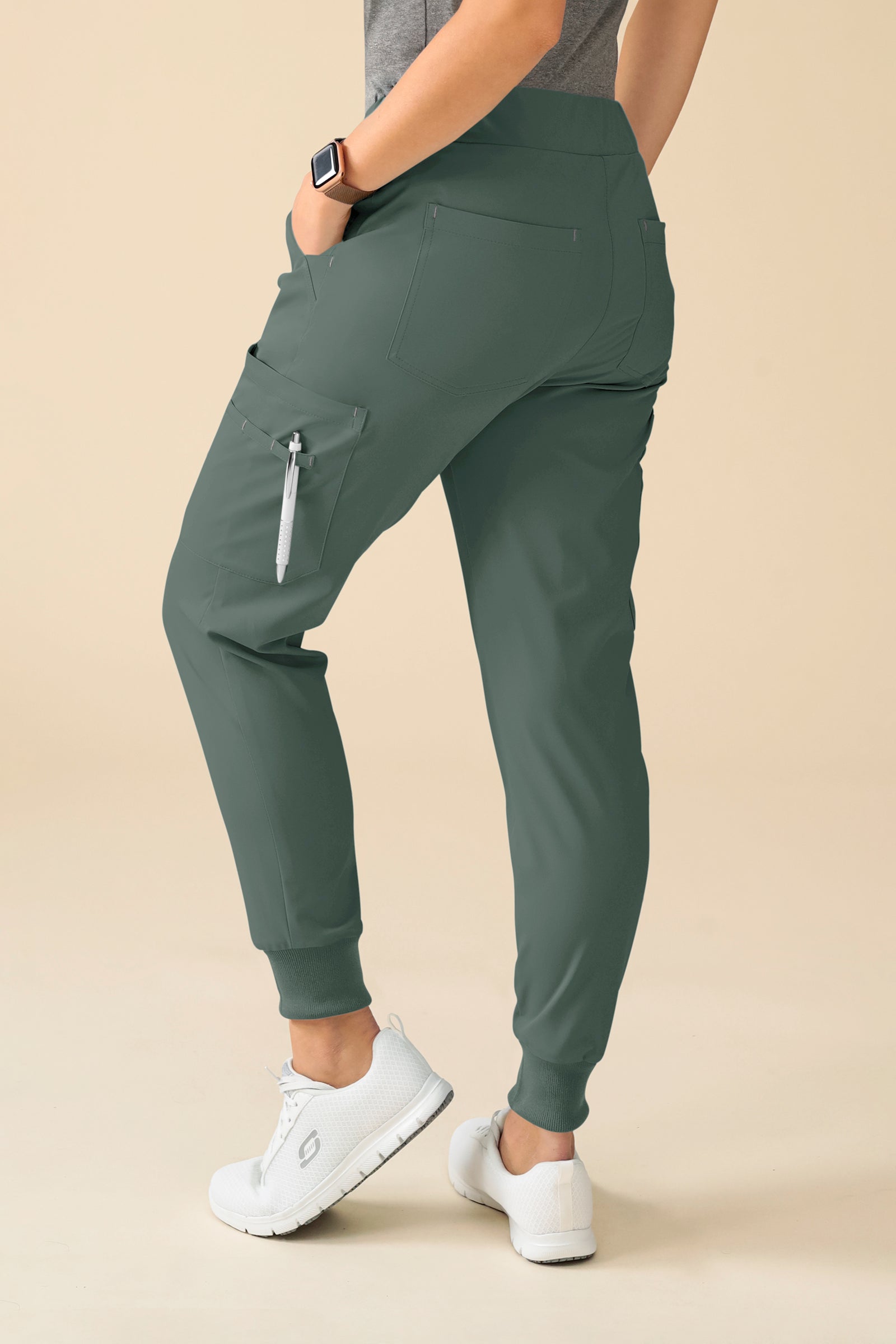 KAERE Pantalon Femme - avec poches cargo et ourlets côtelés Taille courte vert foncé, Vue de dos 