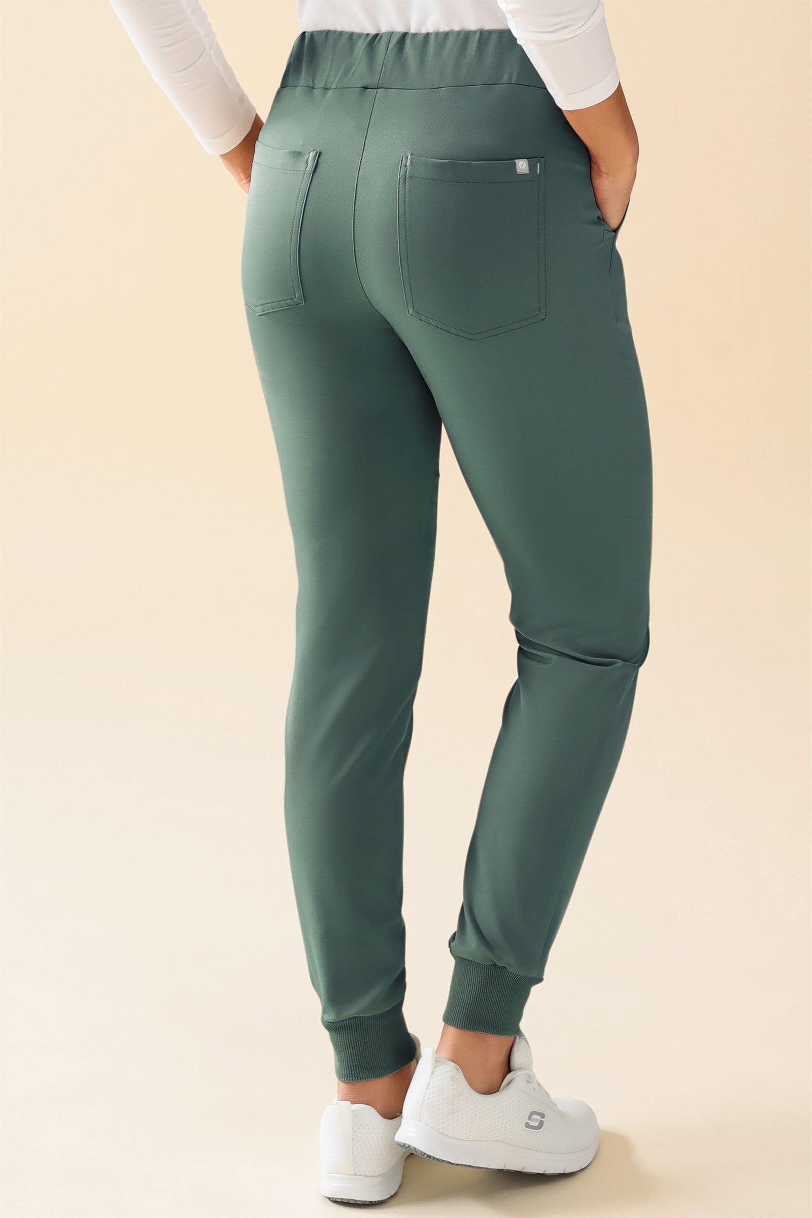 KAERE Pantalon Femme - ourlets côtelés et sans poches cargo vert foncé, Vue de dos 