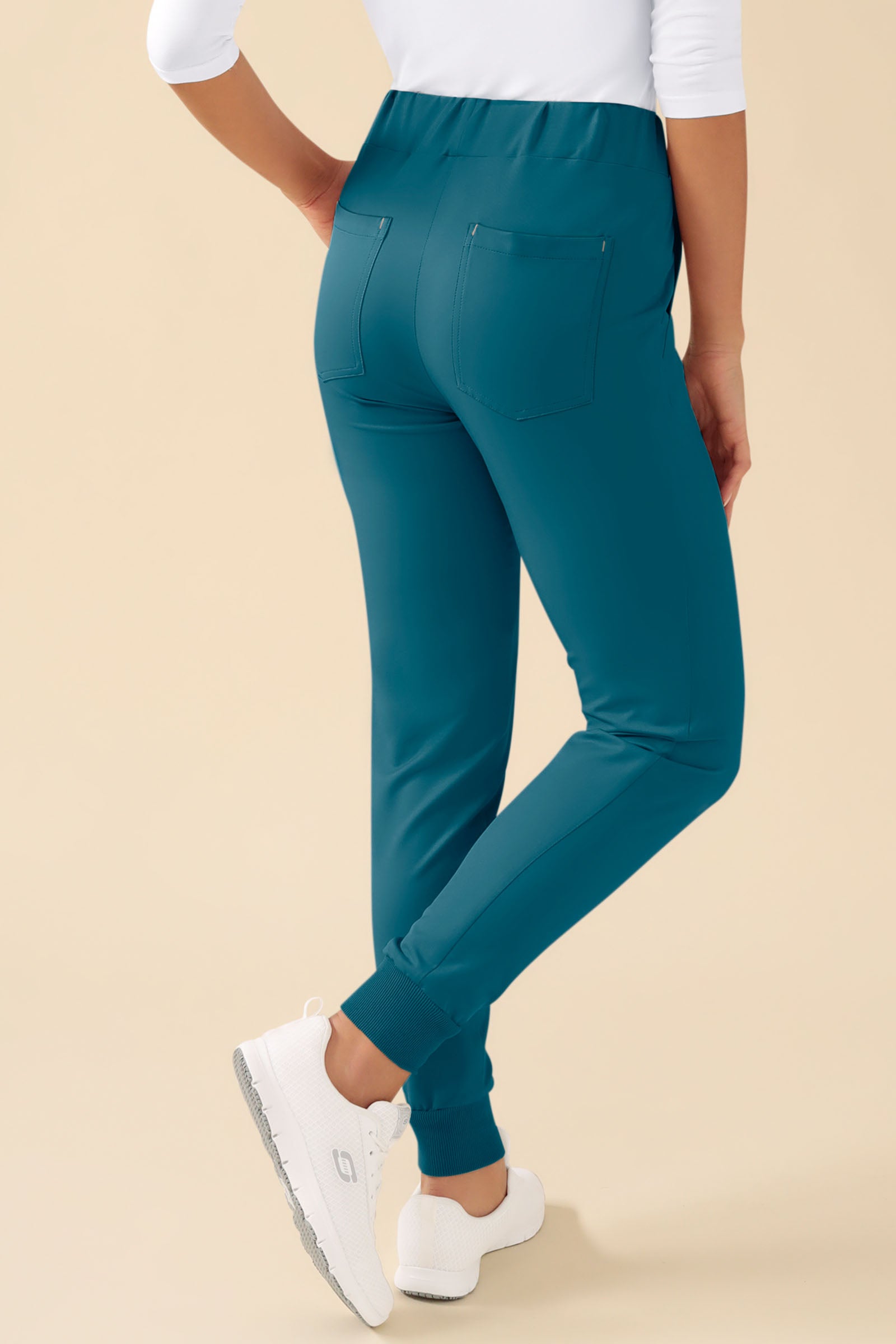 KAERE Pantalon Femme - ourlets côtelés et sans poches cargo pétrole, Vue de dos 