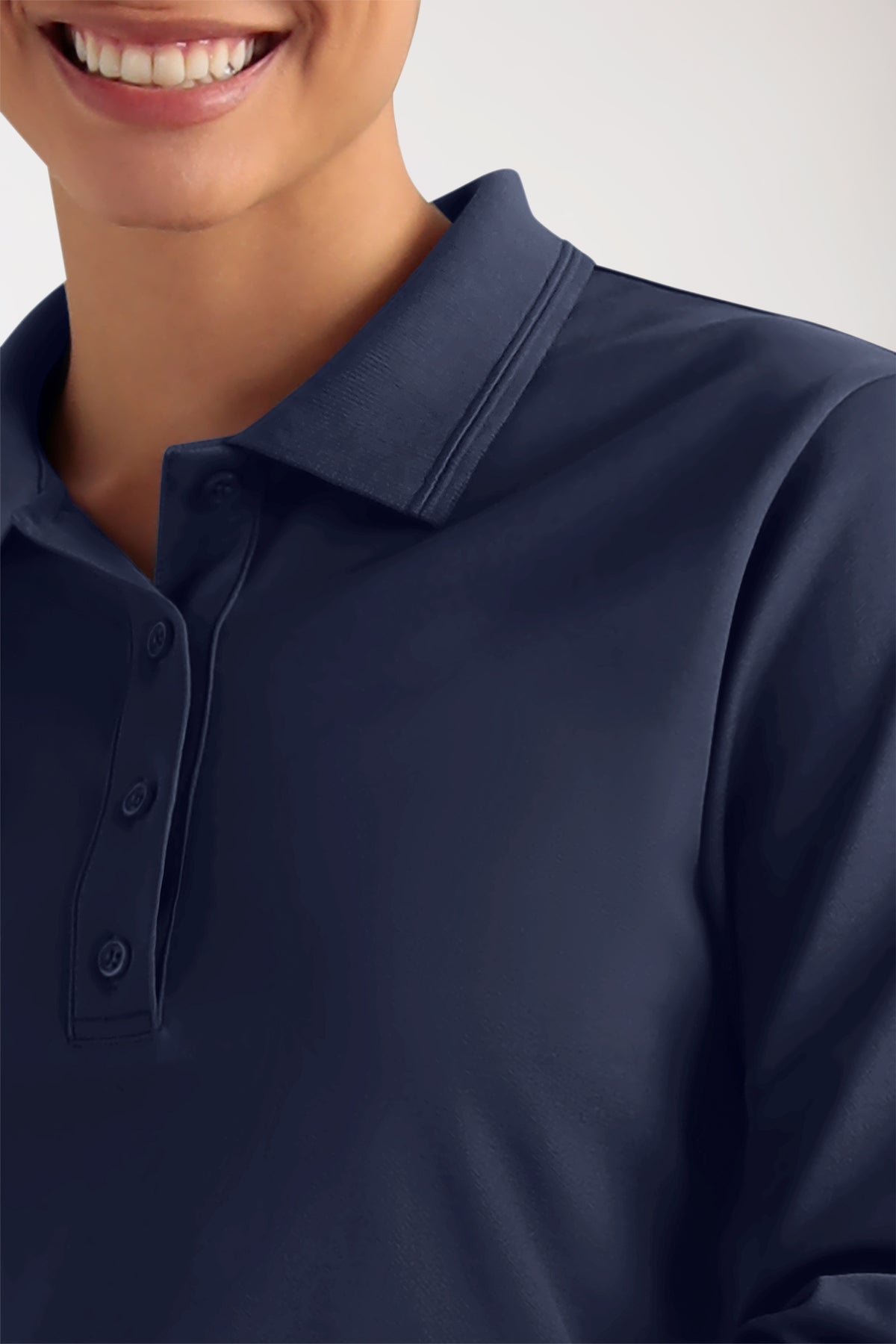 COMFY FLEX Femme, manche longue, maille piquée stretch – Col polo navy