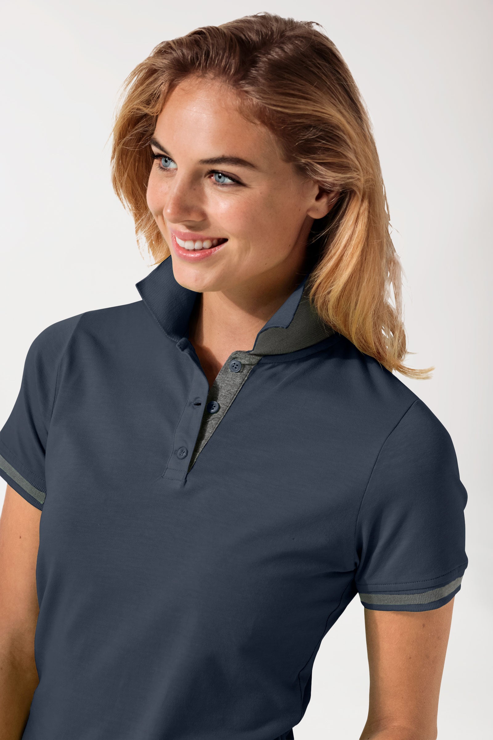 T-shirt Stretch Femme - Col polo bleu navy/gris chiné foncé