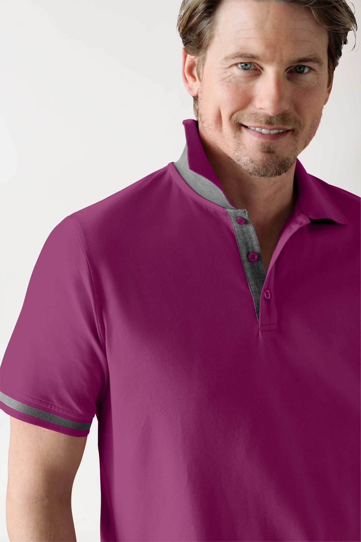 T-shirt Stretch Homme - Col polo berry/gris chiné foncé