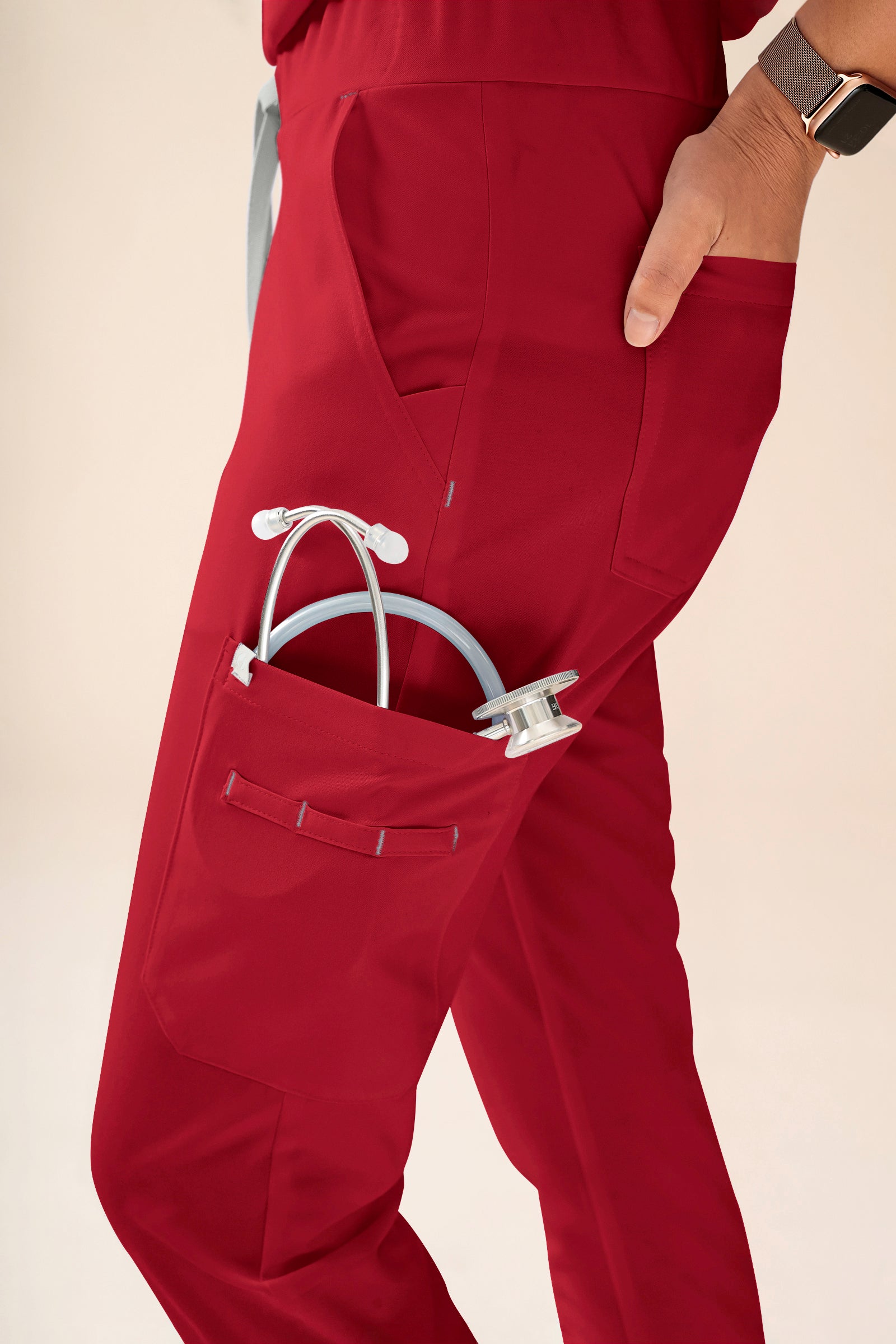 KAERE Pantalon Femme - avec poches cargo et ourlets côtelés Taille courte rouge