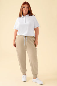 KAERE Pantalon Femme - avec poches cargo et ourlets côtelés sable