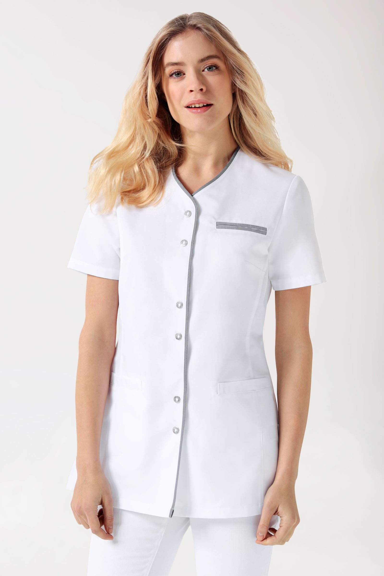 Blouse Beauté Femme - Boutonnée blanc/gris
