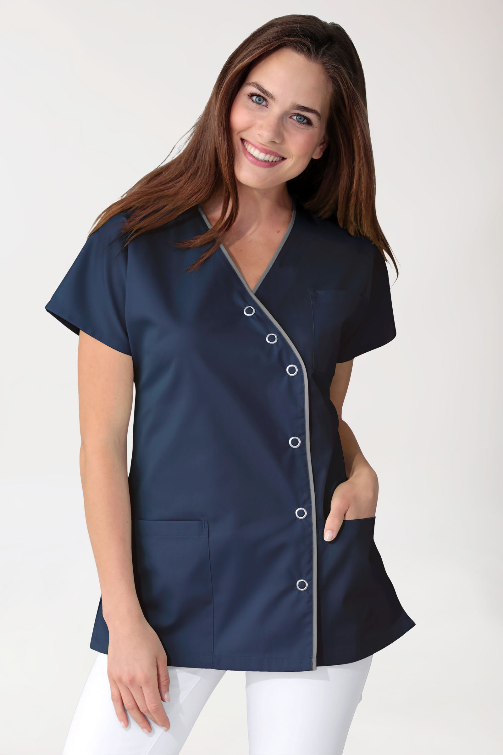 Blouse Beauté Femme - Patte pressions asymétrique bleu navy/gris