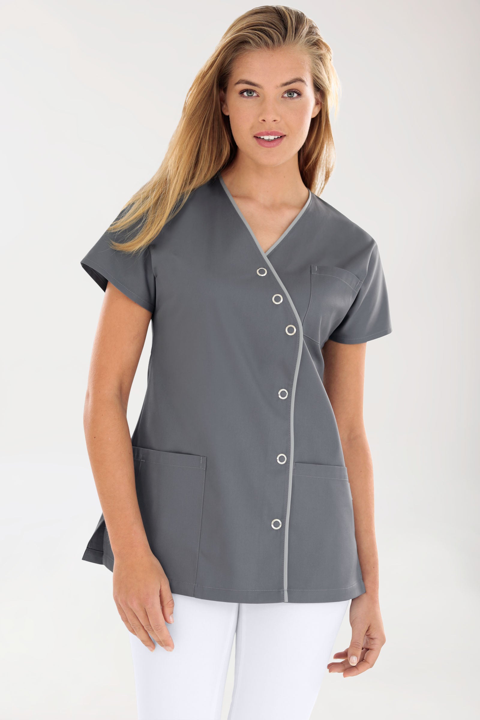 Blouse Beauté Femme - Patte pressions asymétrique gris granit/gris, Vue de face 