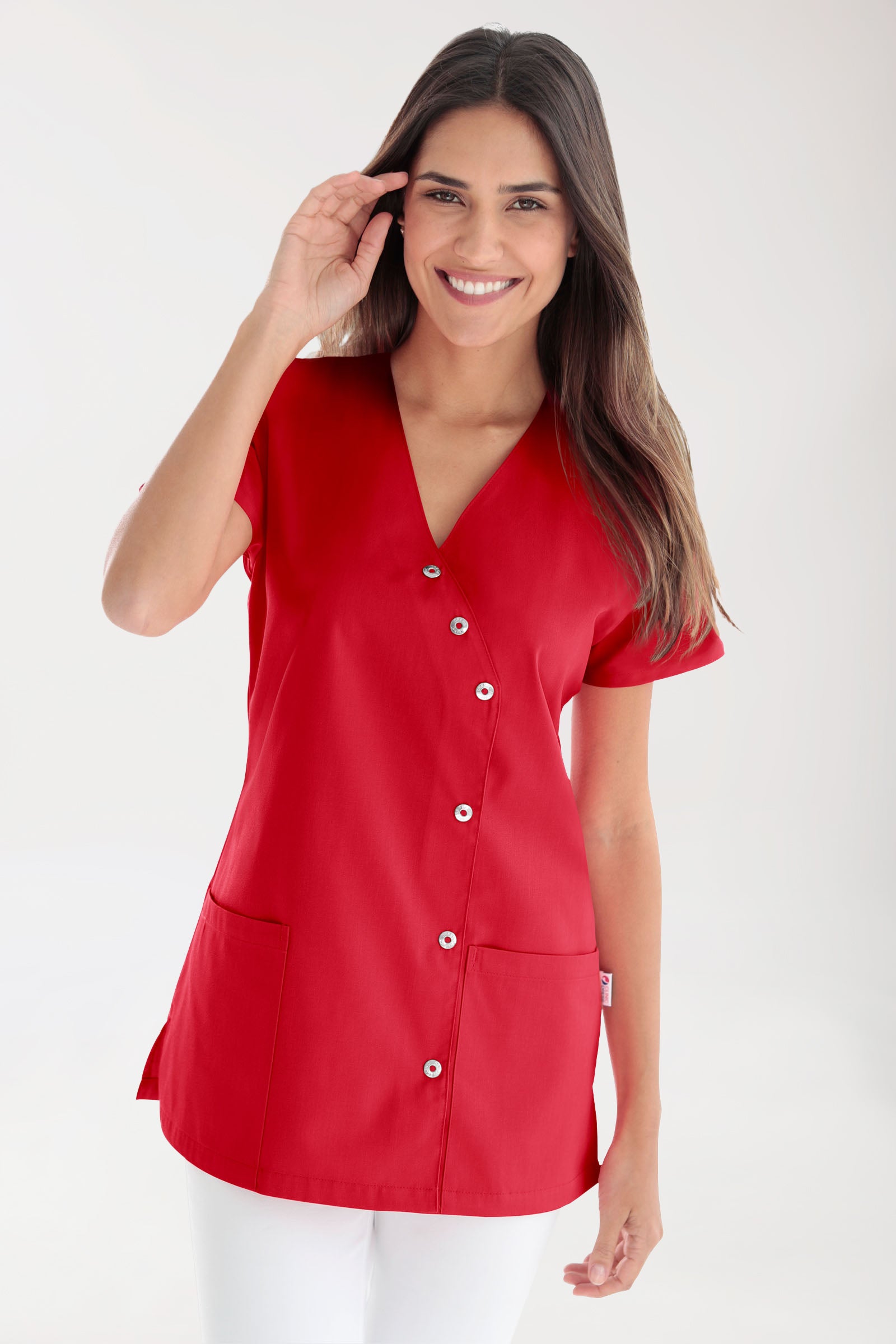 Blouse Beauté Femme - Patte pressions asymétrique rouge
