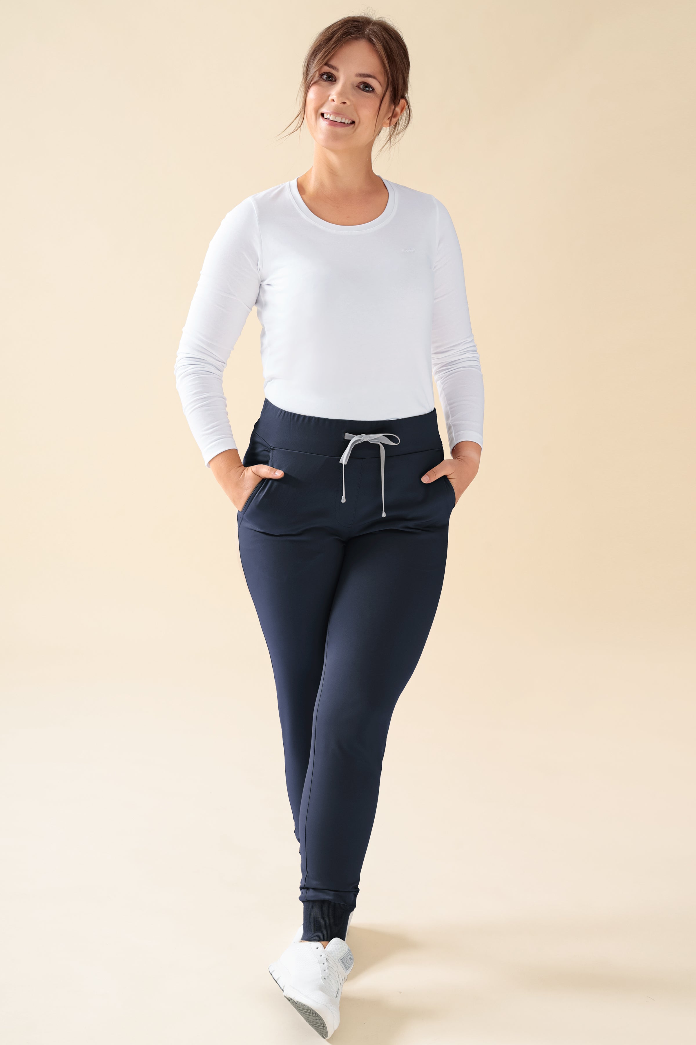 KAERE Pantalon Femme - ourlets côtelés Taille courte et sans poches cargo bleu navy