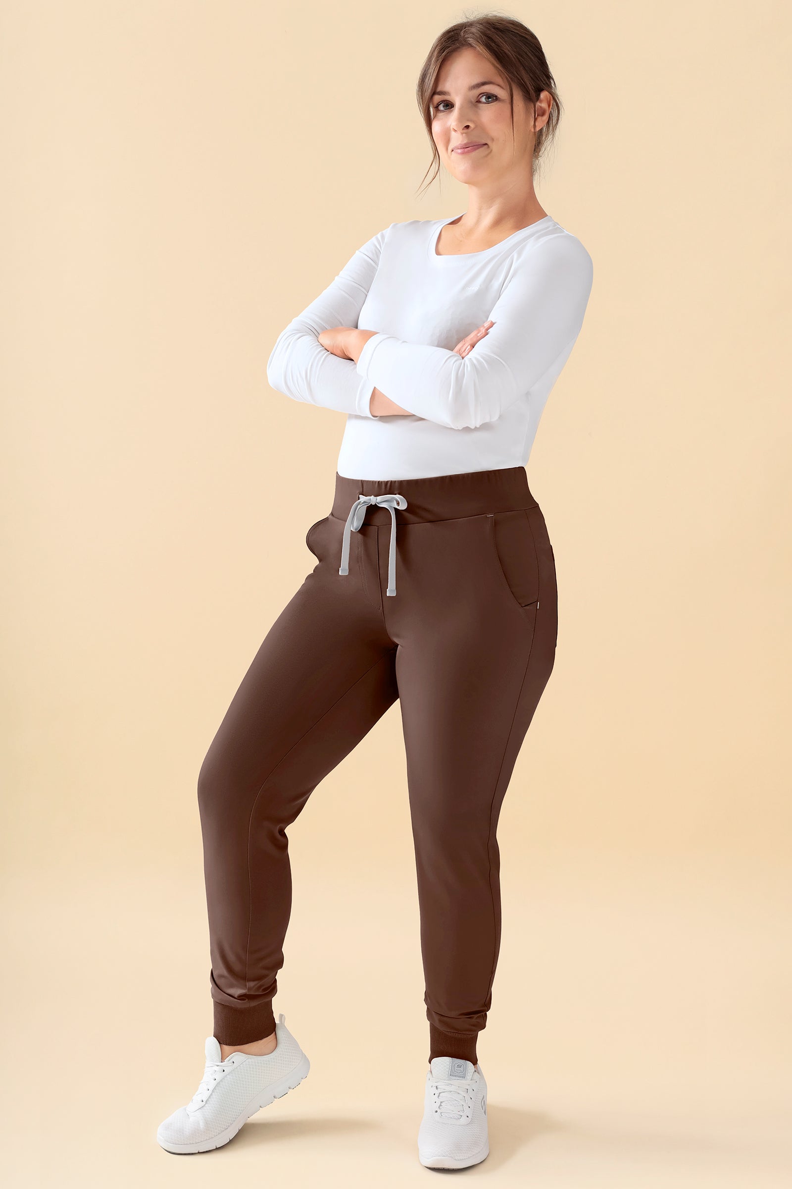 KAERE Pantalon Femme - ourlets côtelés Taille courte et sans poches cargo coffee