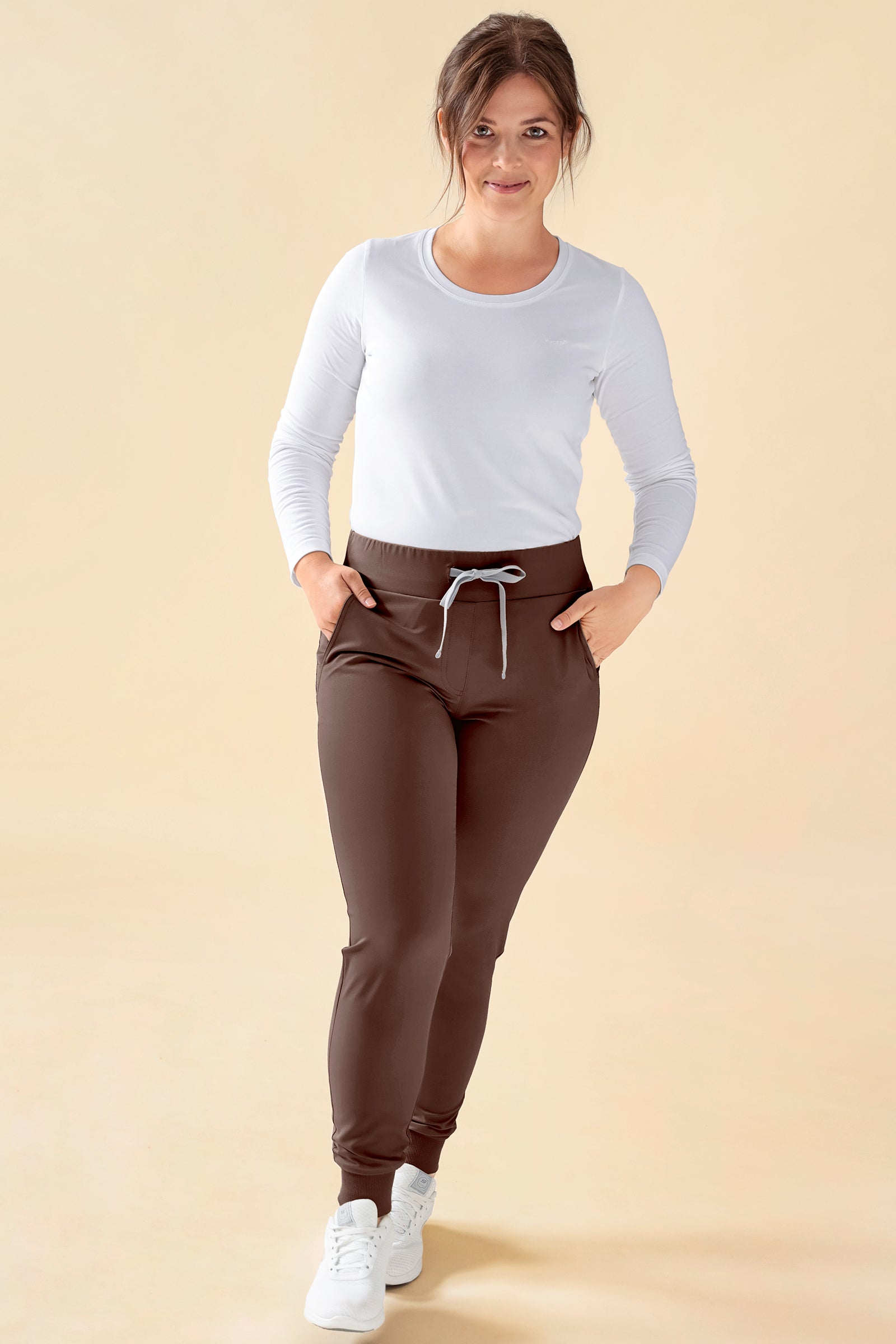 KAERE Pantalon Femme - ourlets côtelés Taille courte et sans poches cargo coffee