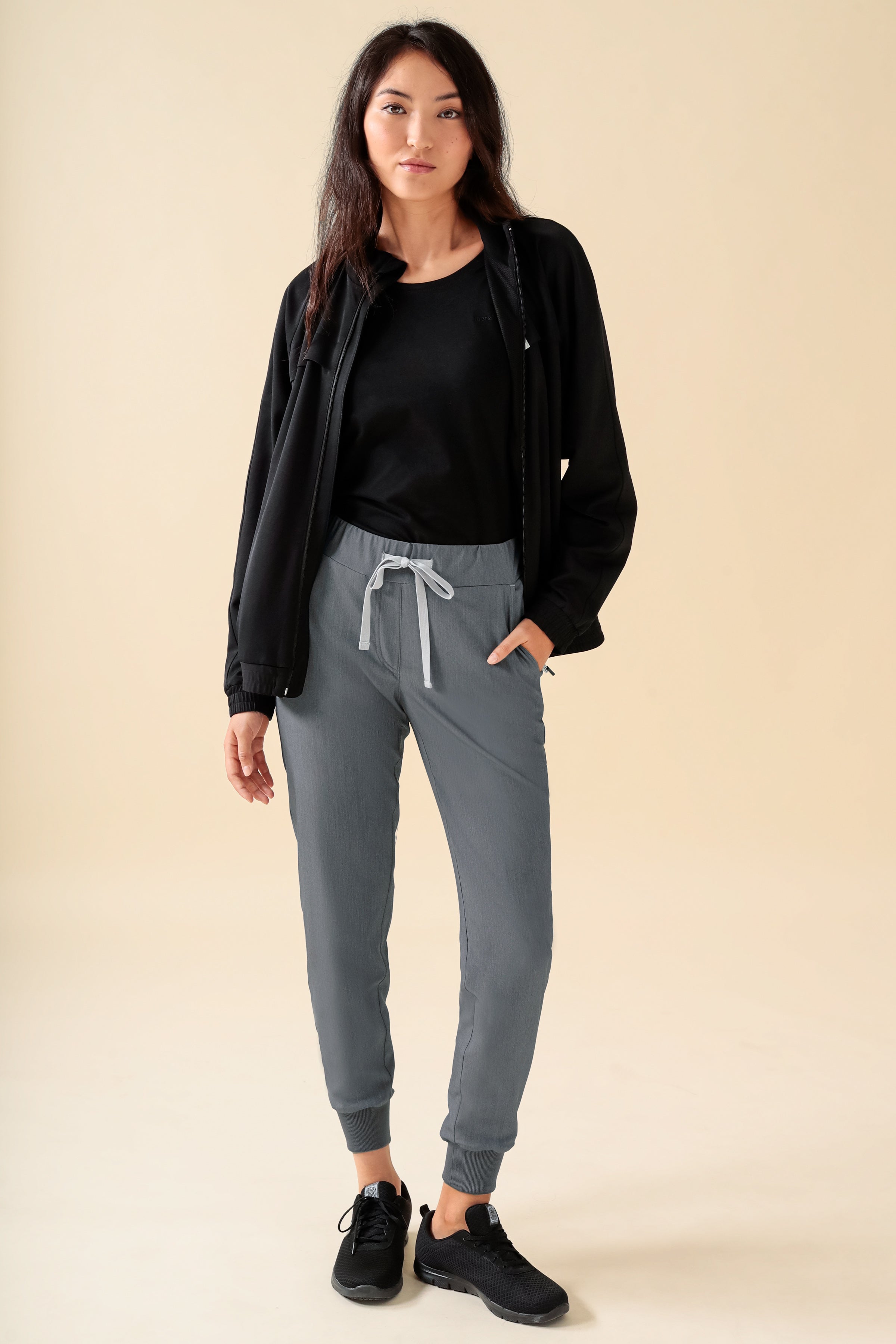 KAERE Pantalon Femme - ourlets côtelés et sans poches cargo gris chiné