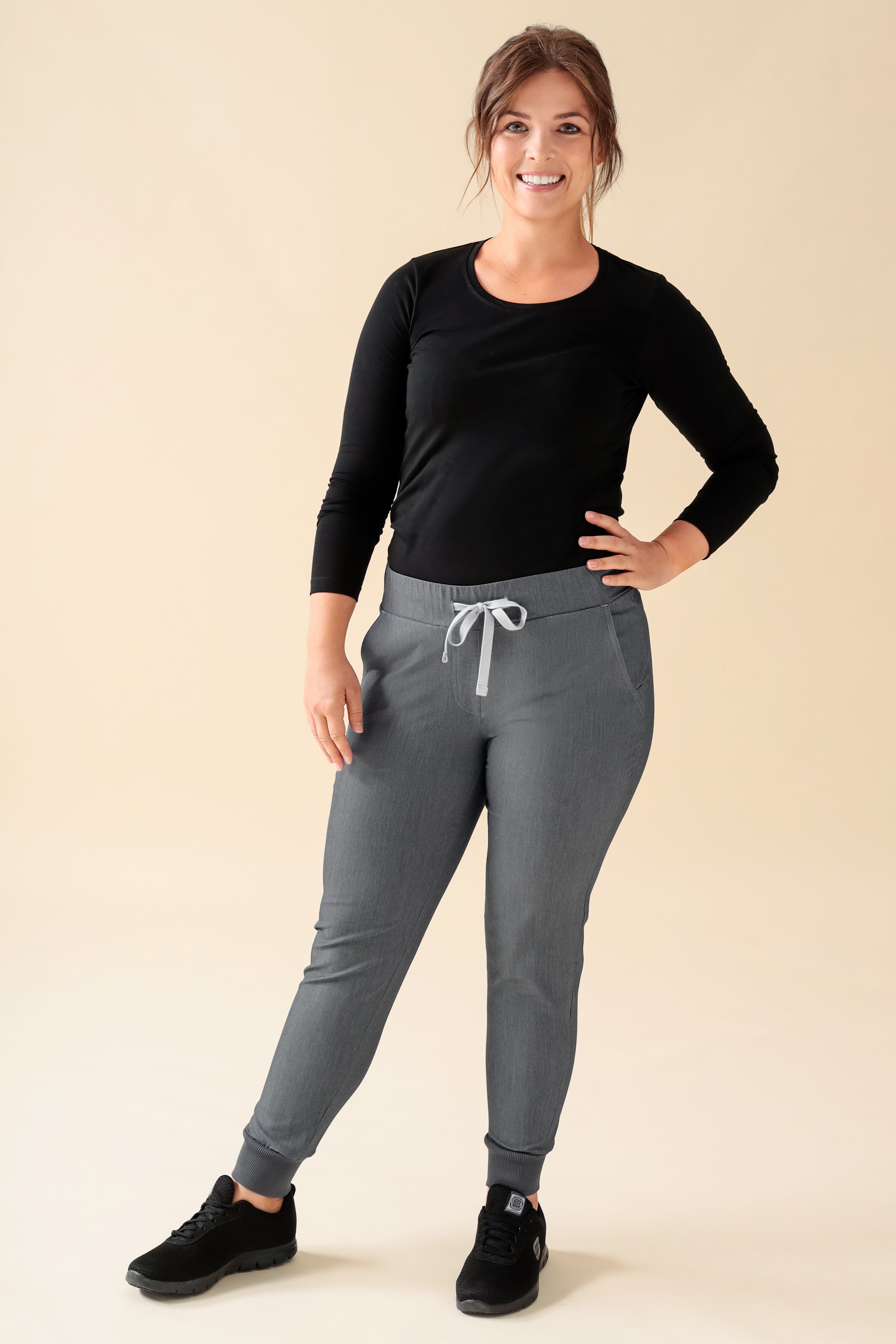 KAERE Pantalon Femme - ourlets côtelés Taille courte et sans poches cargo gris chiné