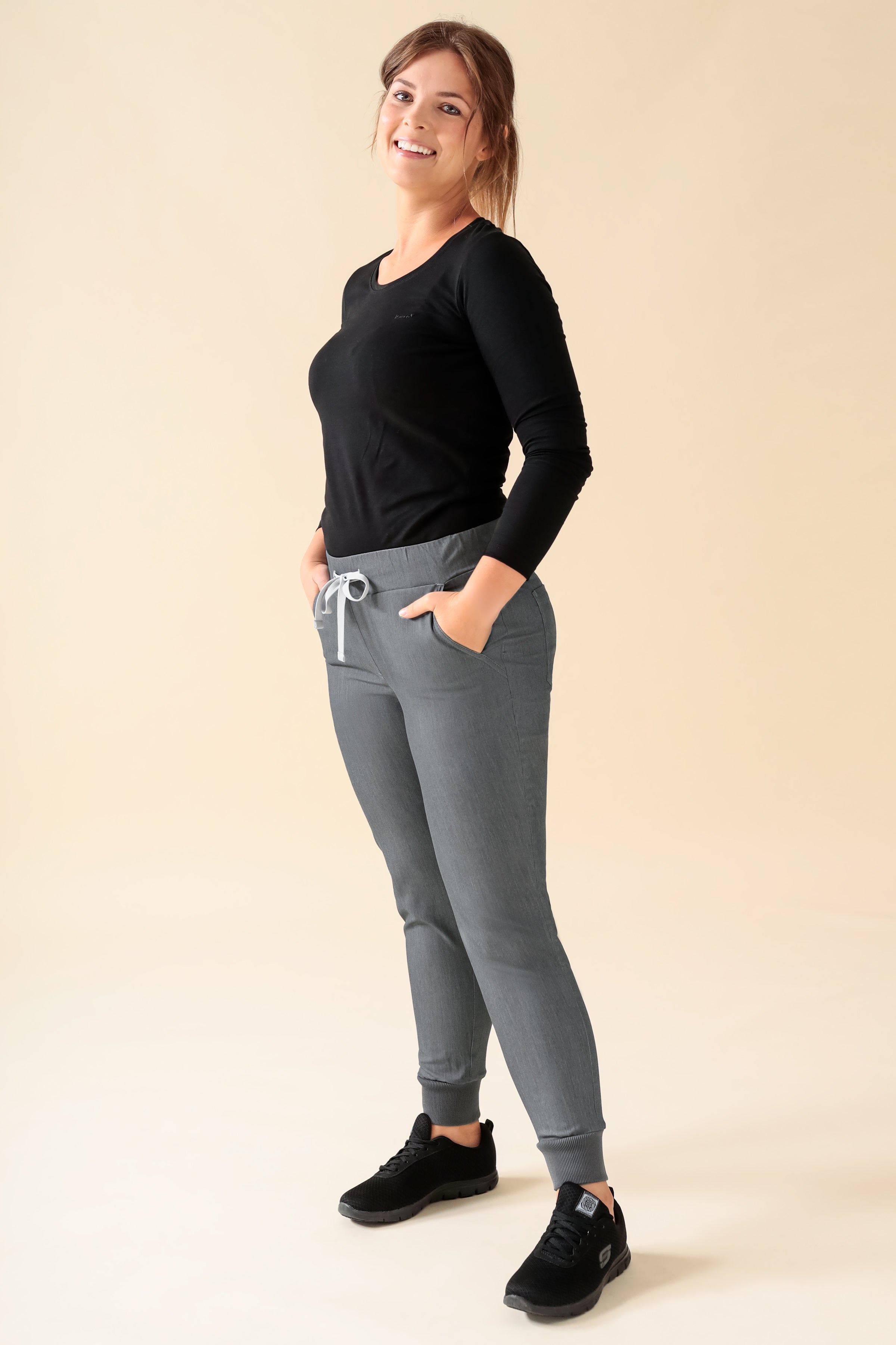 KAERE Pantalon Femme - ourlets côtelés Taille courte et sans poches cargo gris chiné