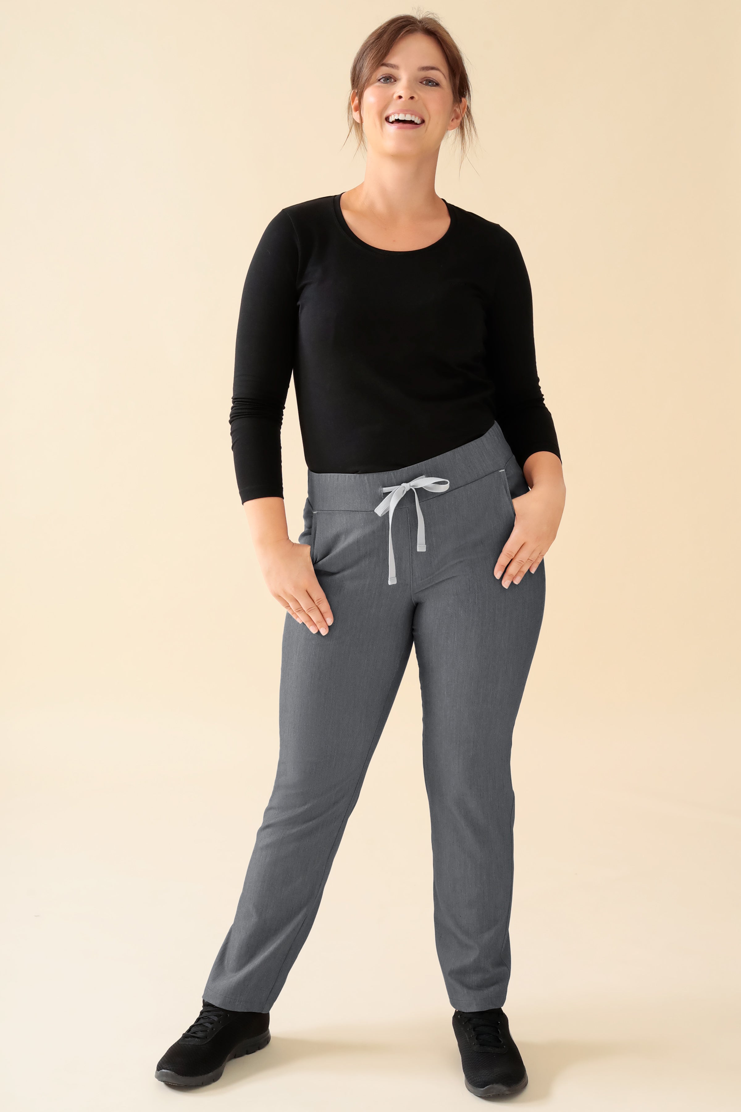 KAERE Pantalon Femme - Taille courte et sans poches cargo gris chiné, Vue de face 