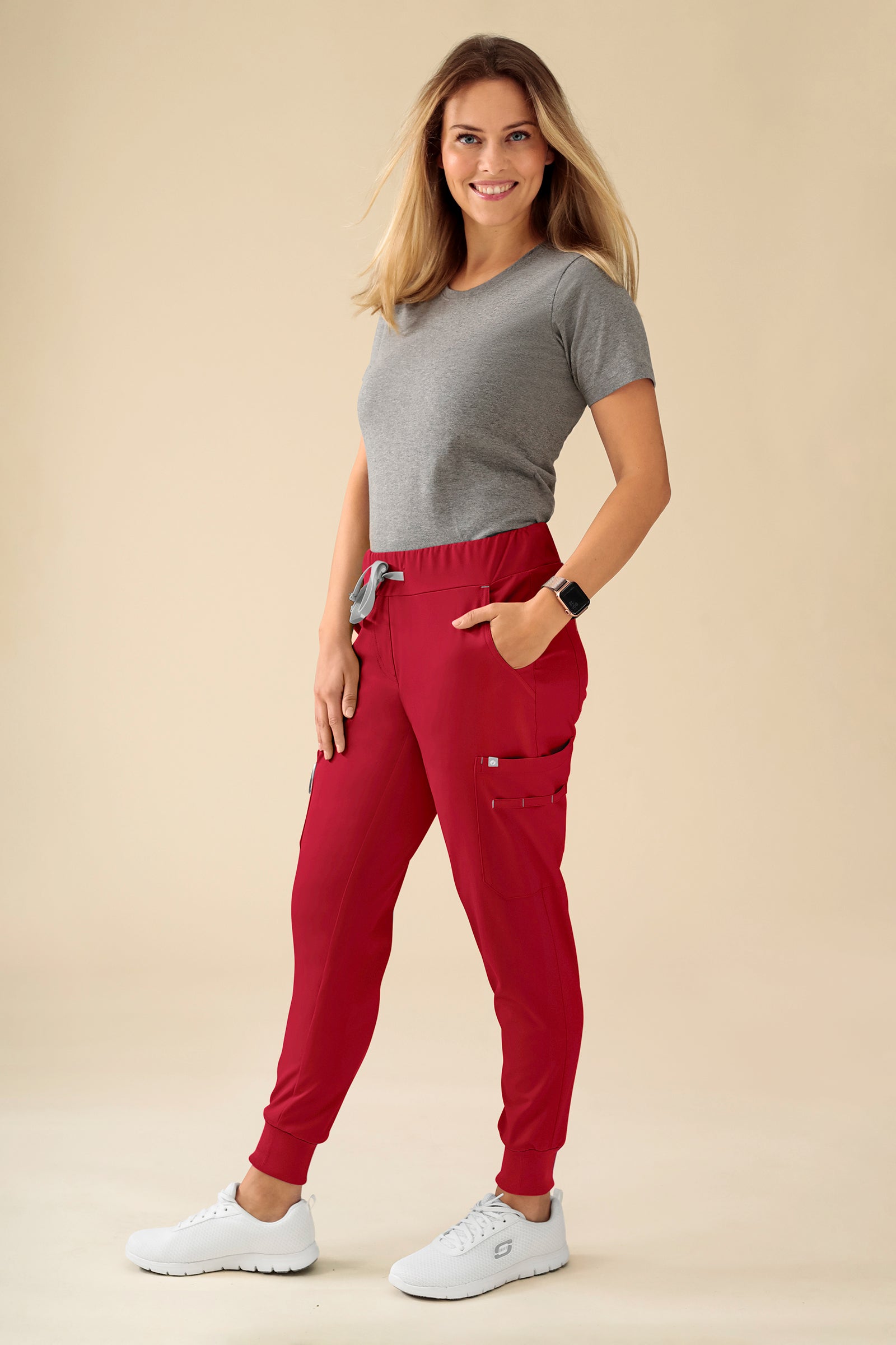 KAERE Pantalon Femme - avec poches cargo et ourlets côtelés Taille courte rouge