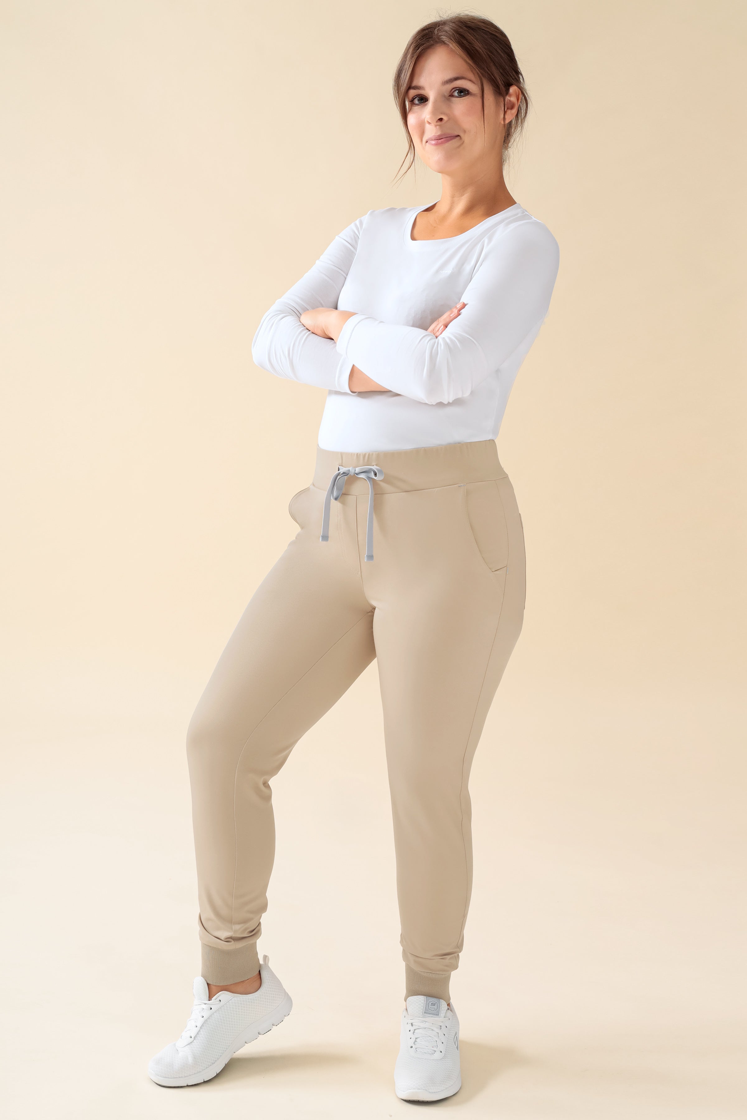 KAERE Pantalon Femme - ourlets côtelés Taille courte et sans poches cargo sable