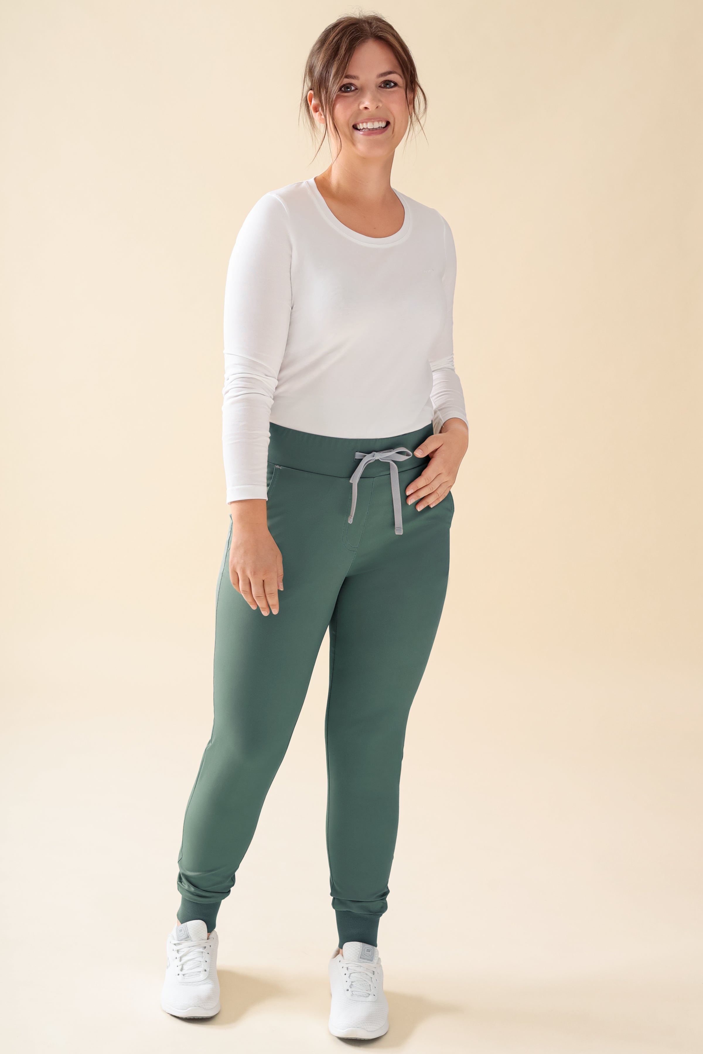 KAERE Pantalon Femme - ourlets côtelés Taille courte et sans poches cargo vert foncé