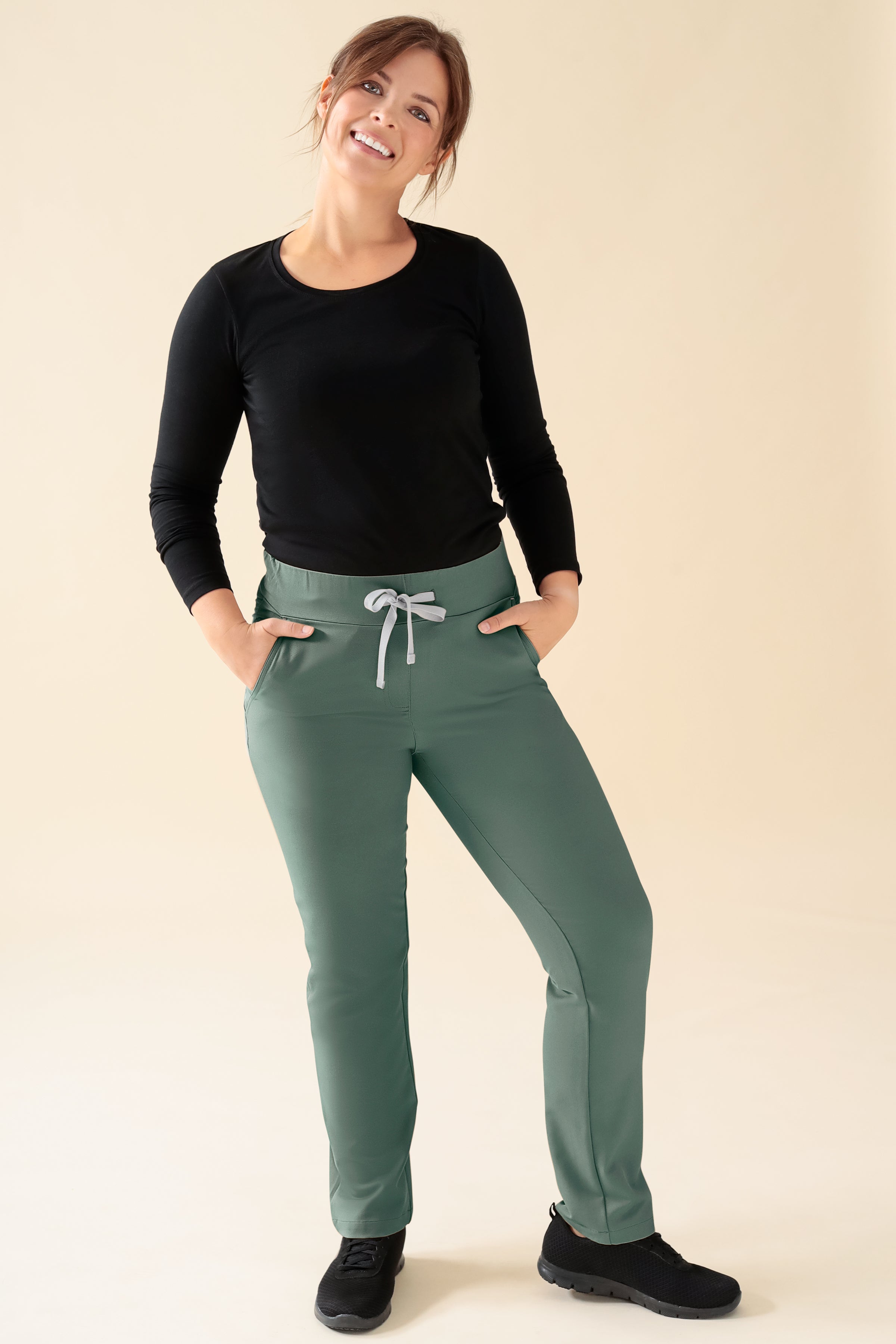 KAERE Pantalon Femme - Taille courte et sans poches cargo vert foncé, Vue de face 