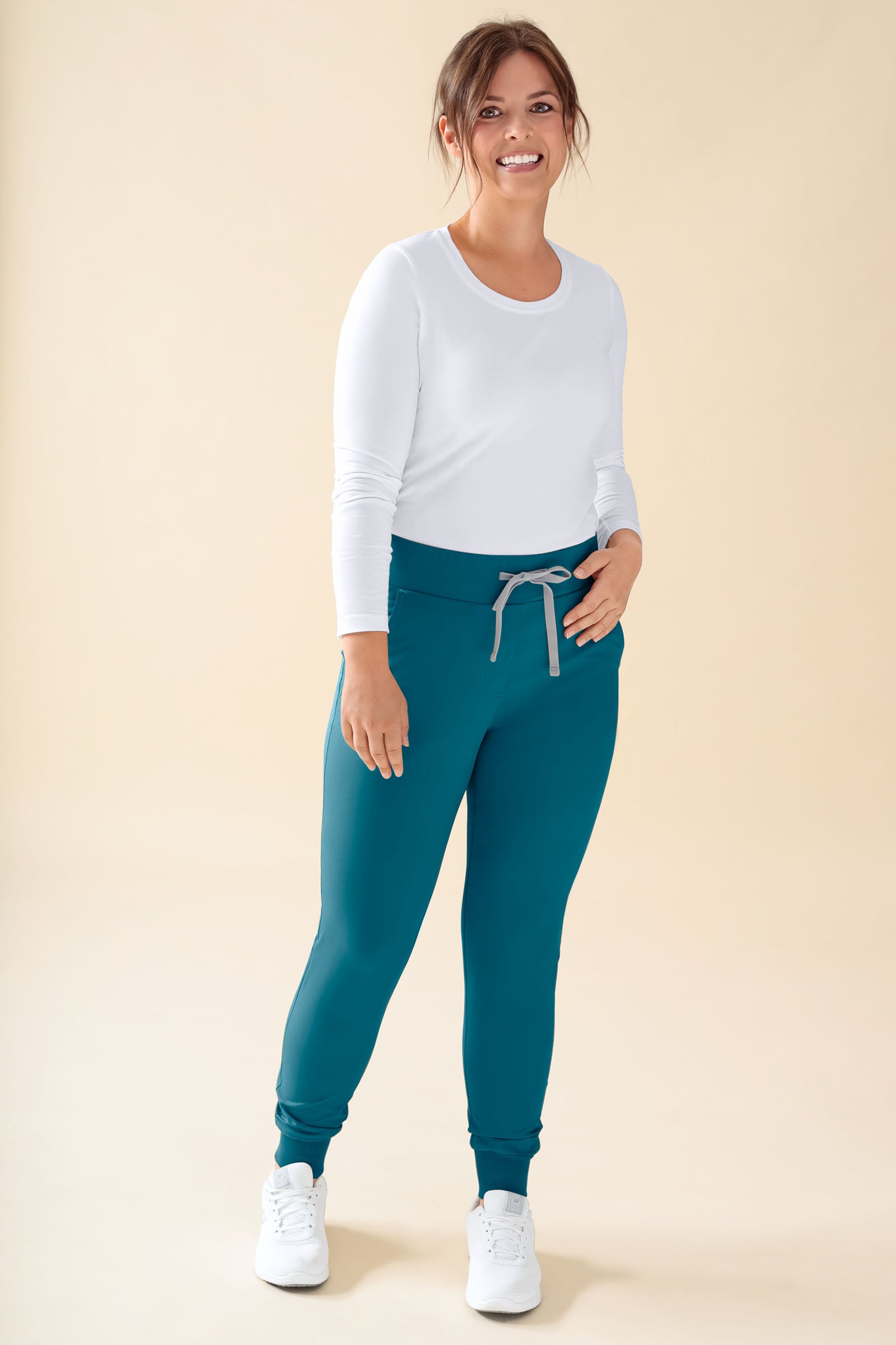 KAERE Pantalon Femme - ourlets côtelés Taille courte et sans poches cargo pétrole