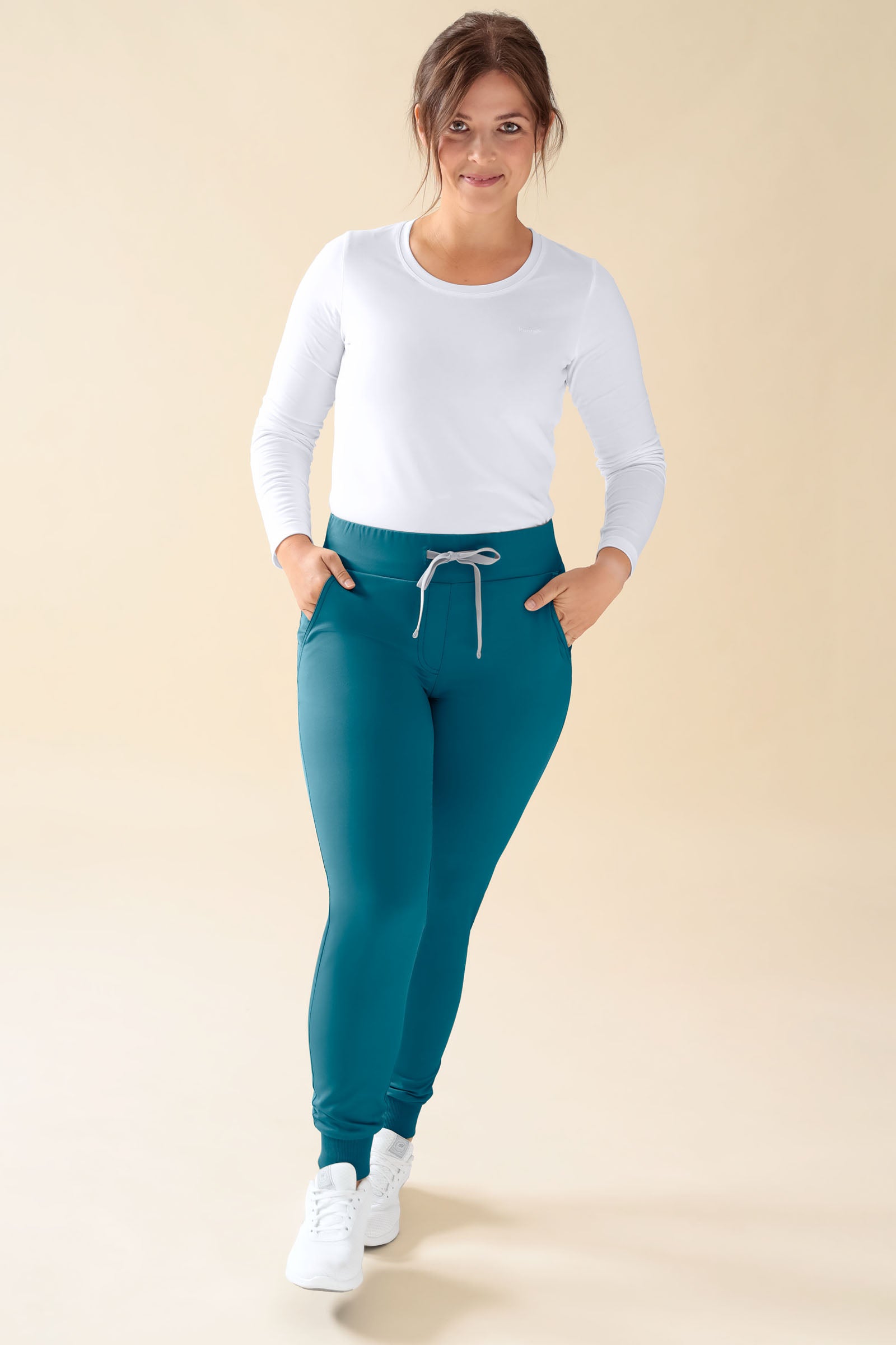 KAERE Pantalon Femme - ourlets côtelés Taille courte et sans poches cargo pétrole