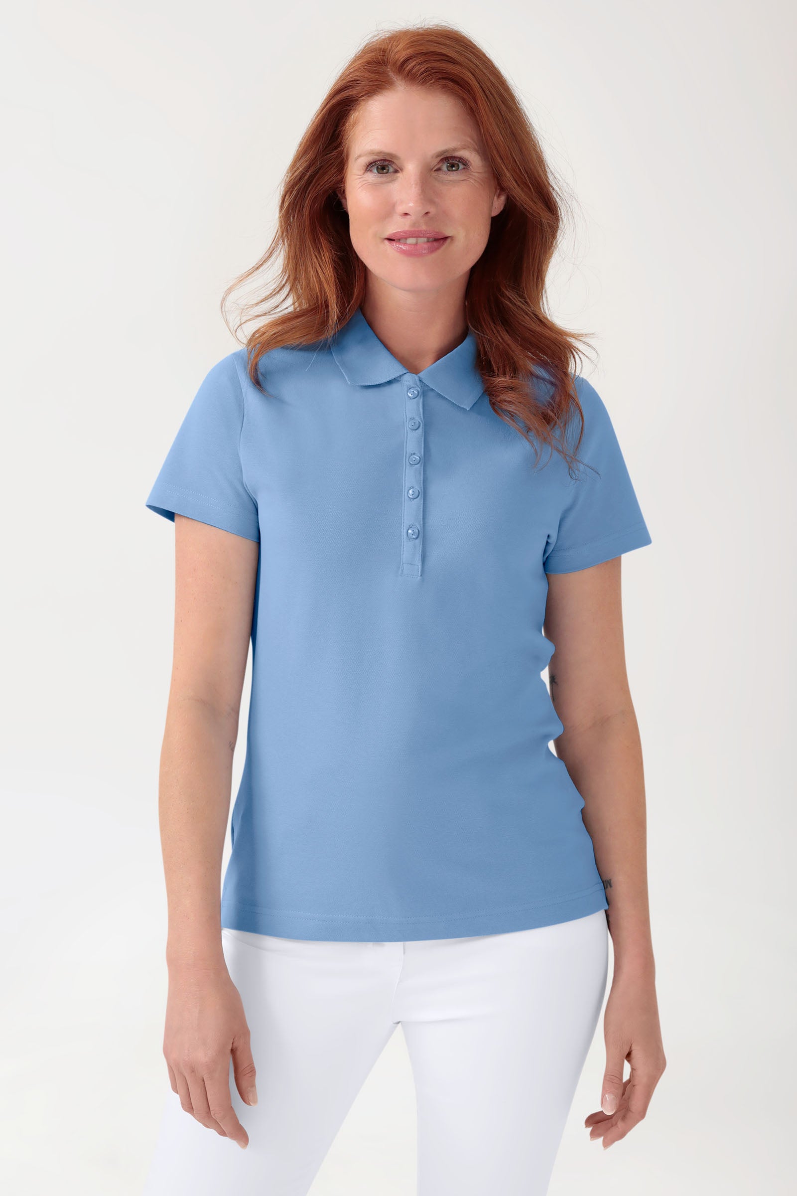 T-shirt Stretch Femme - Col polo bleu ciel, Vue de face 