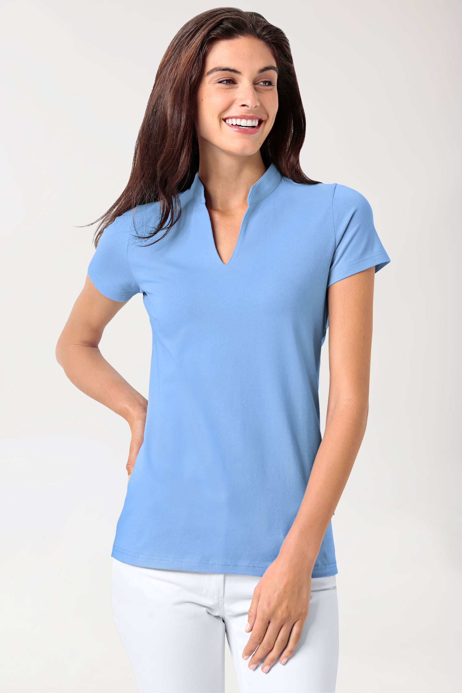T-shirt Stretch Femme - Col officier bleu ciel, Vue de face 