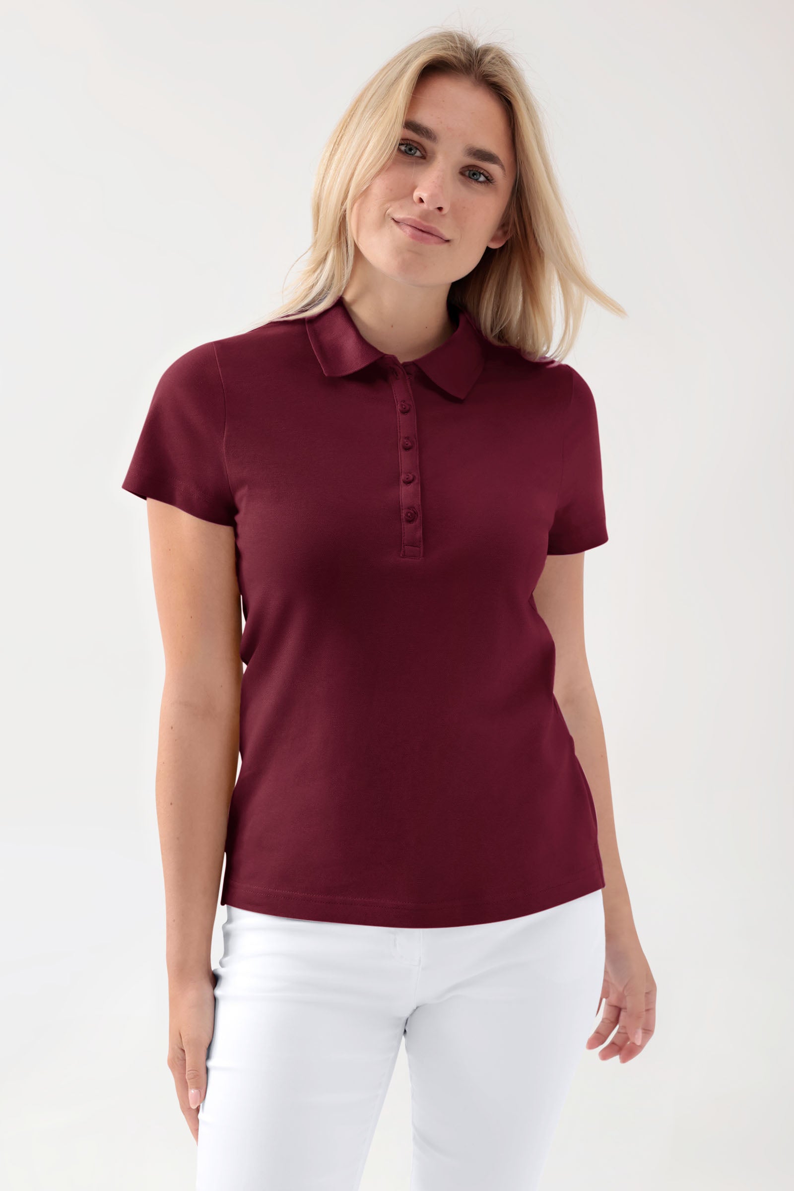 T-shirt Stretch Femme - Col polo bordeaux, Vue de face 