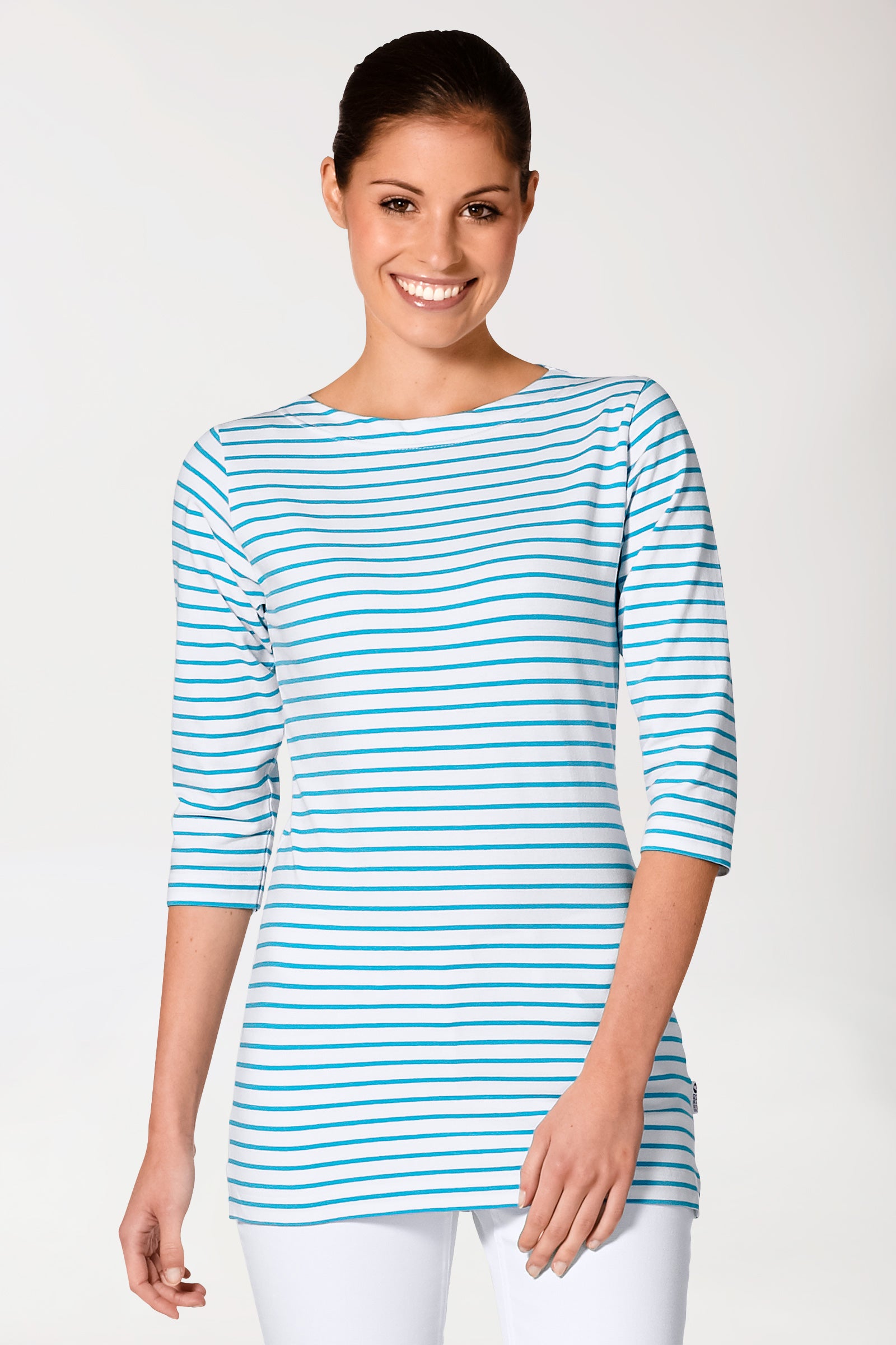T-shirt long Femme - Manche 3/4 turquoise/blanc, Vue de face 
