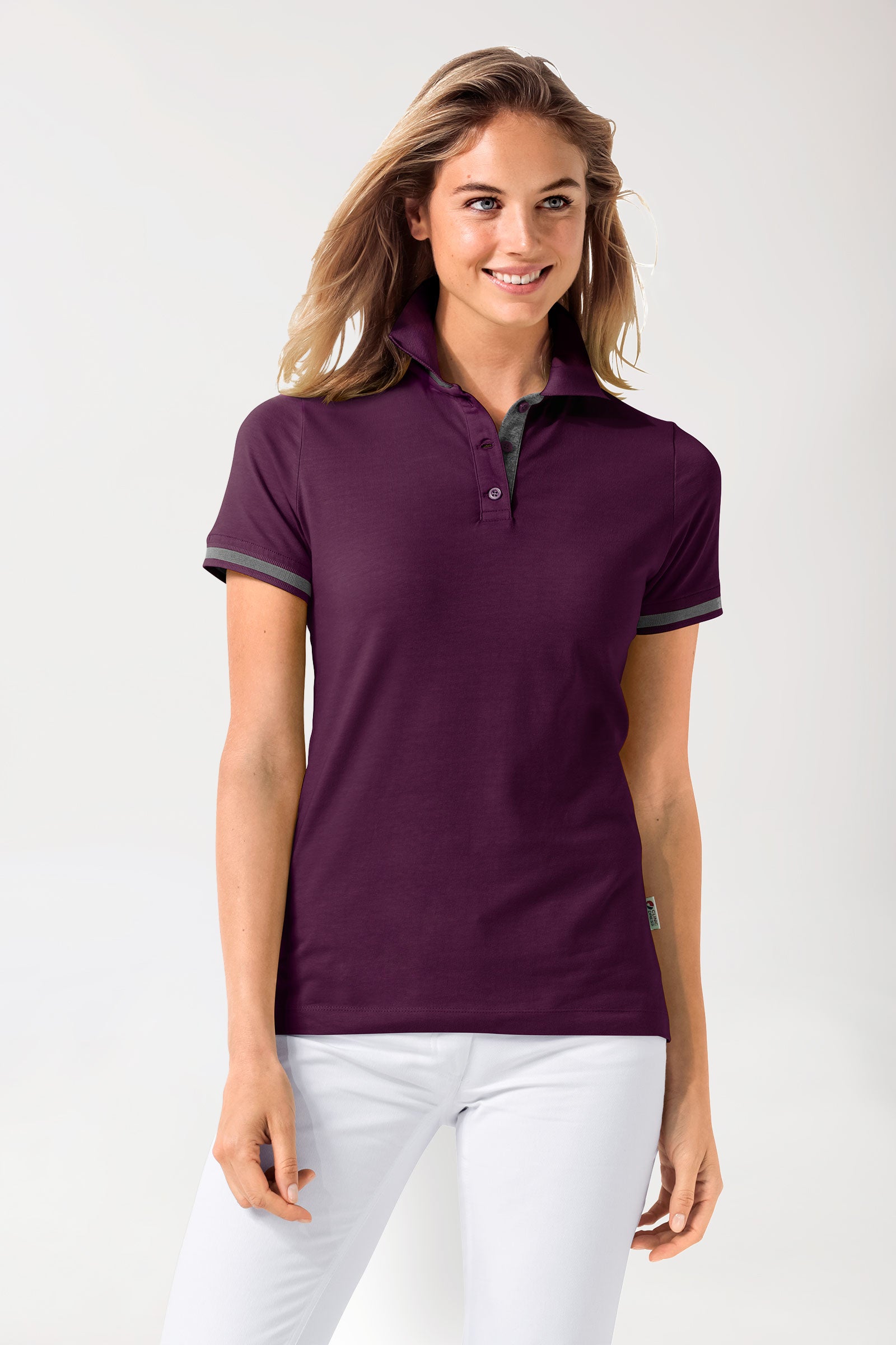 T-shirt Stretch Femme - Col polo prune/gris chiné foncé