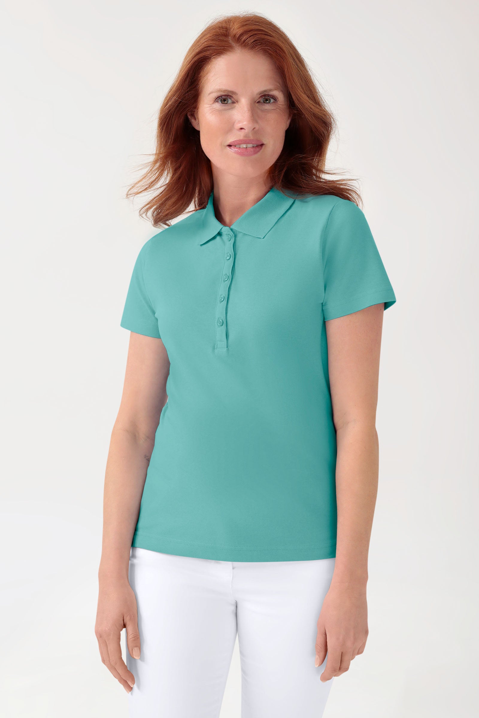 T-shirt Stretch Femme - Col polo vert d'eau, Vue de face 
