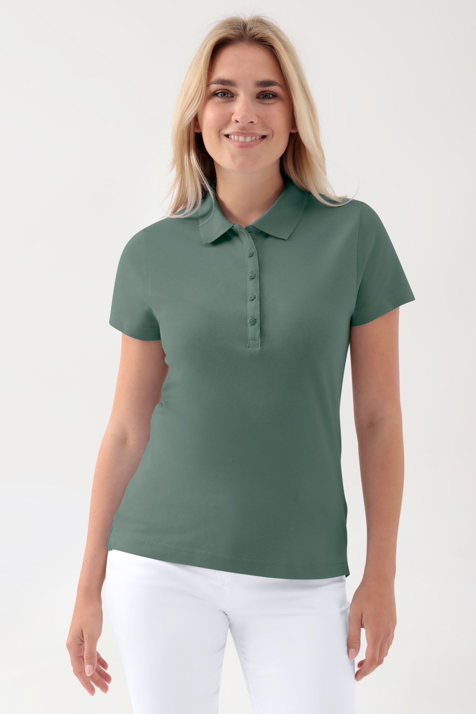 T-shirt Stretch Femme - Col polo vert foncé, Vue de face 