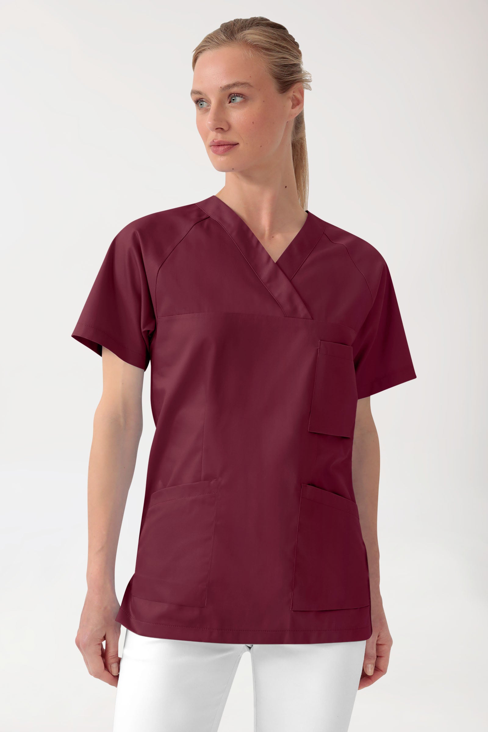 LA tunique médicale femme - Décolleté V bordeaux, Vue de face 