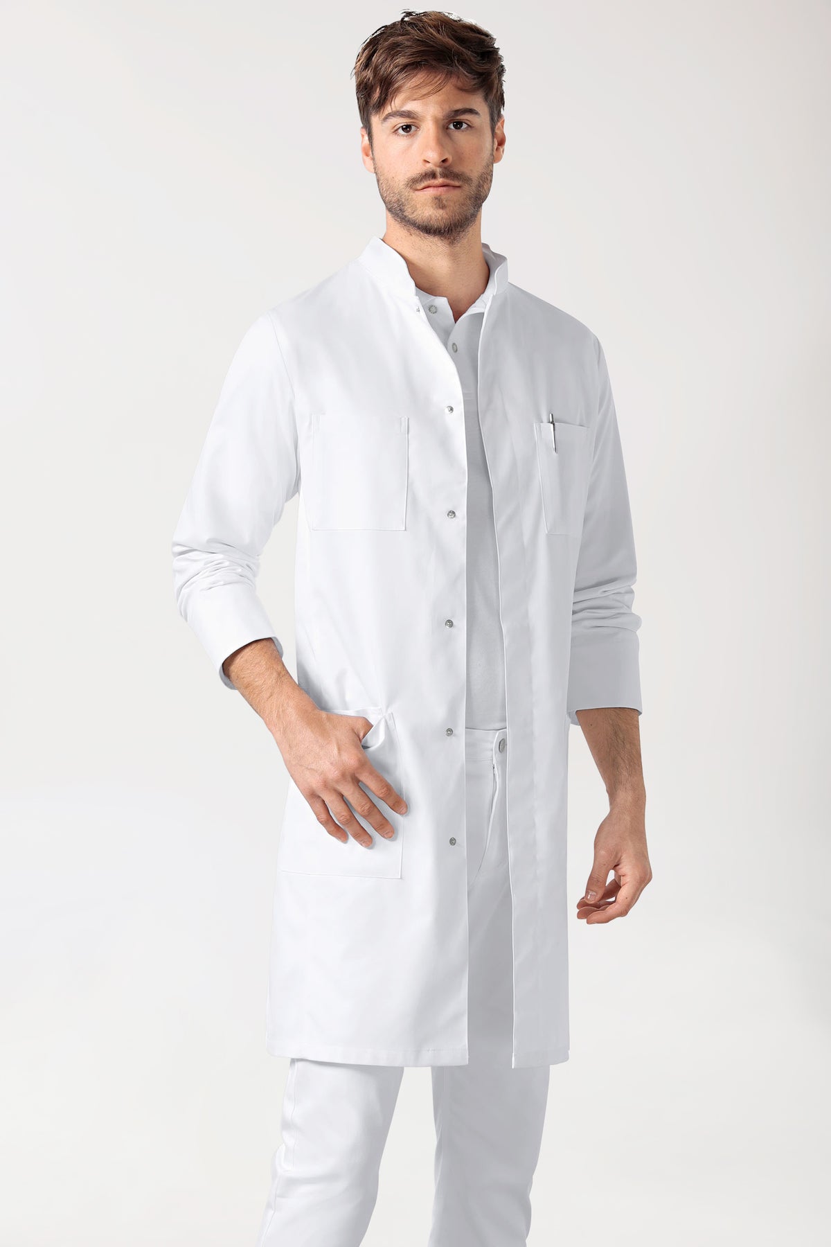 Blouse blanche Homme - Patte de boutons-pression - Col officier blanc