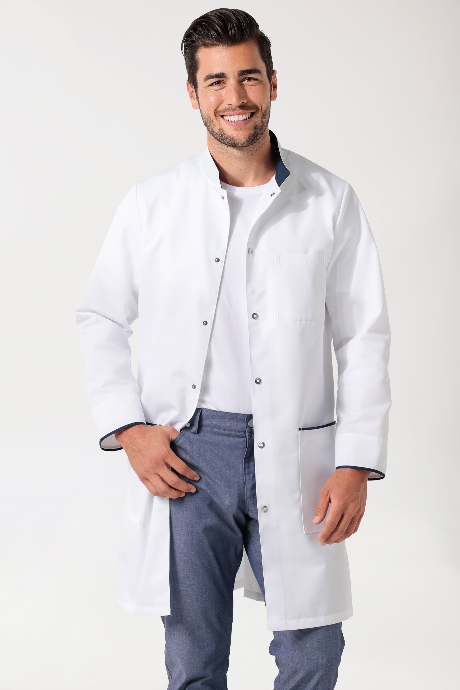 Blouse mi-longue Homme - Col officier blanc/bleu navy