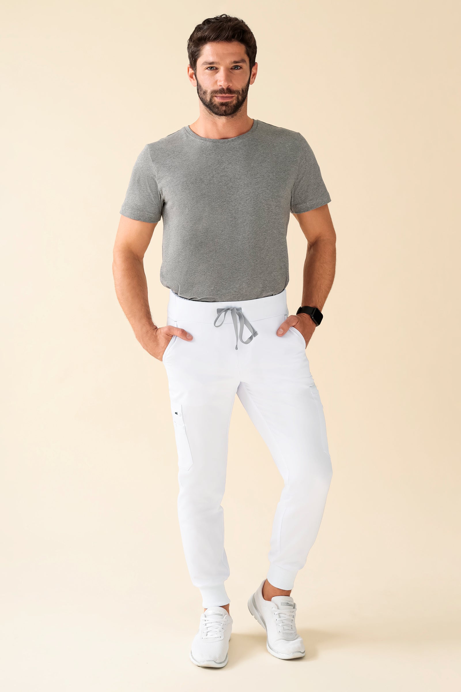 KAERE Pantalon Homme - avec poches cargo et ourlets côtelés Taille courte blanc