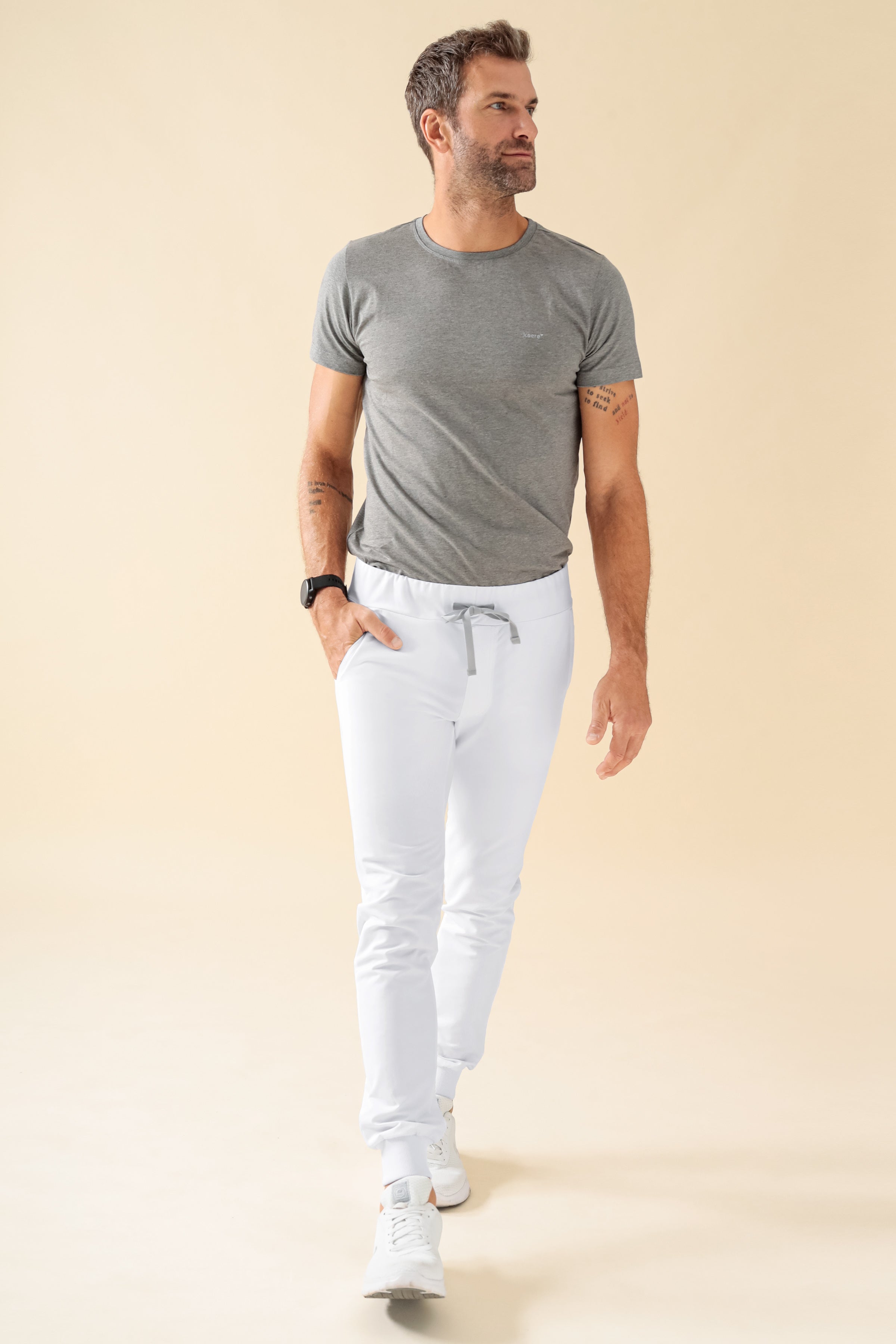 KAERE Pantalon Homme - ourlets côtelés et sans poches cargo blanc