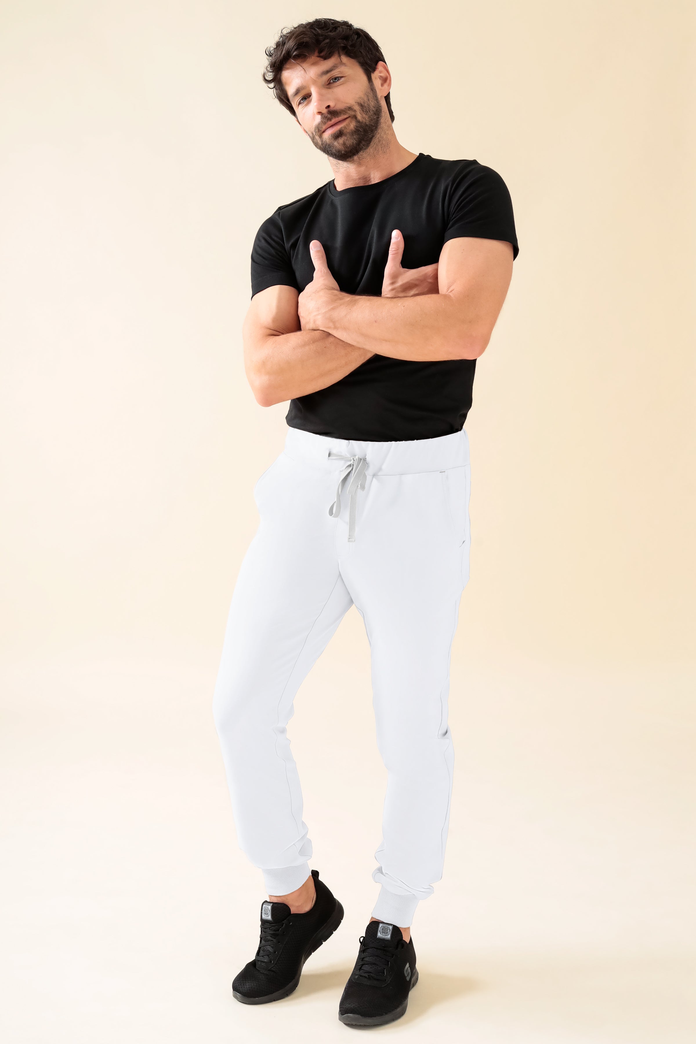 KAERE Pantalon Homme - ourlets côtelés Taille courte et sans poches cargo blanc