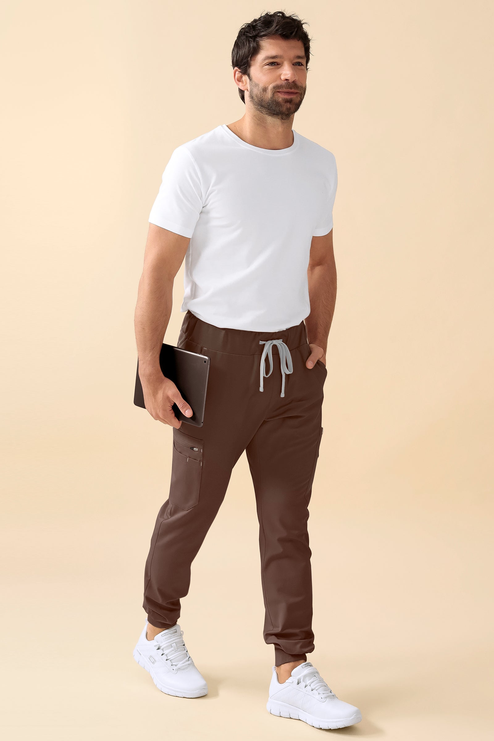 KAERE Pantalon Homme - avec poches cargo et ourlets côtelés Taille courte coffee