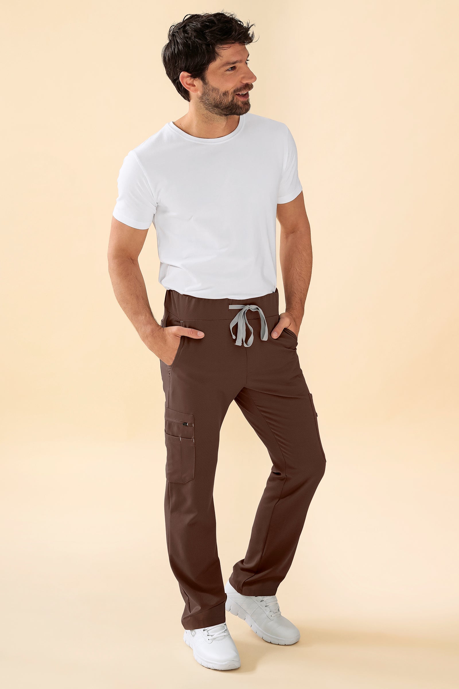 KAERE Pantalon Homme - avec poches cargo Taille courte coffee