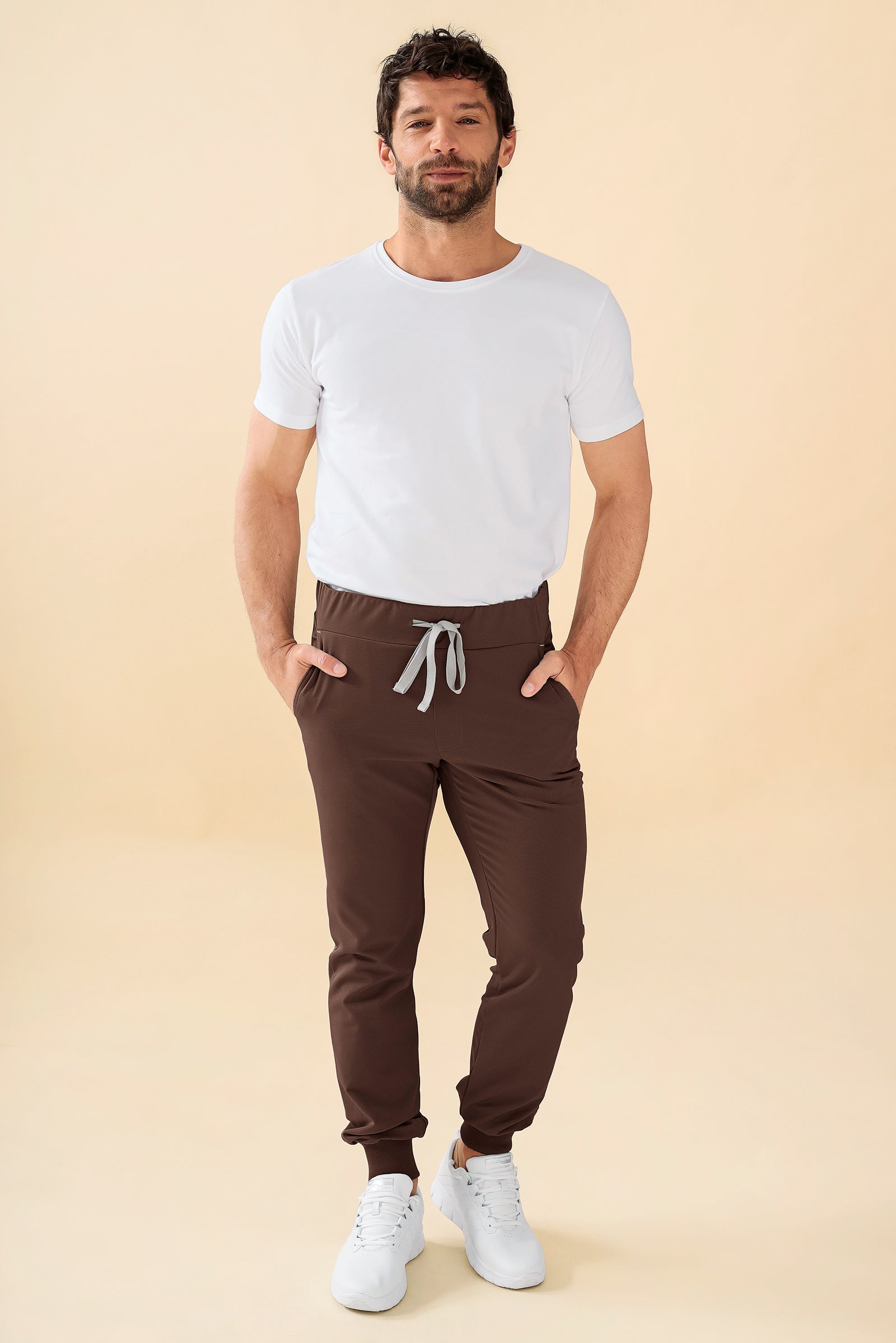 KAERE Pantalon Homme - ourlets côtelés Taille courte et sans poches cargo coffee