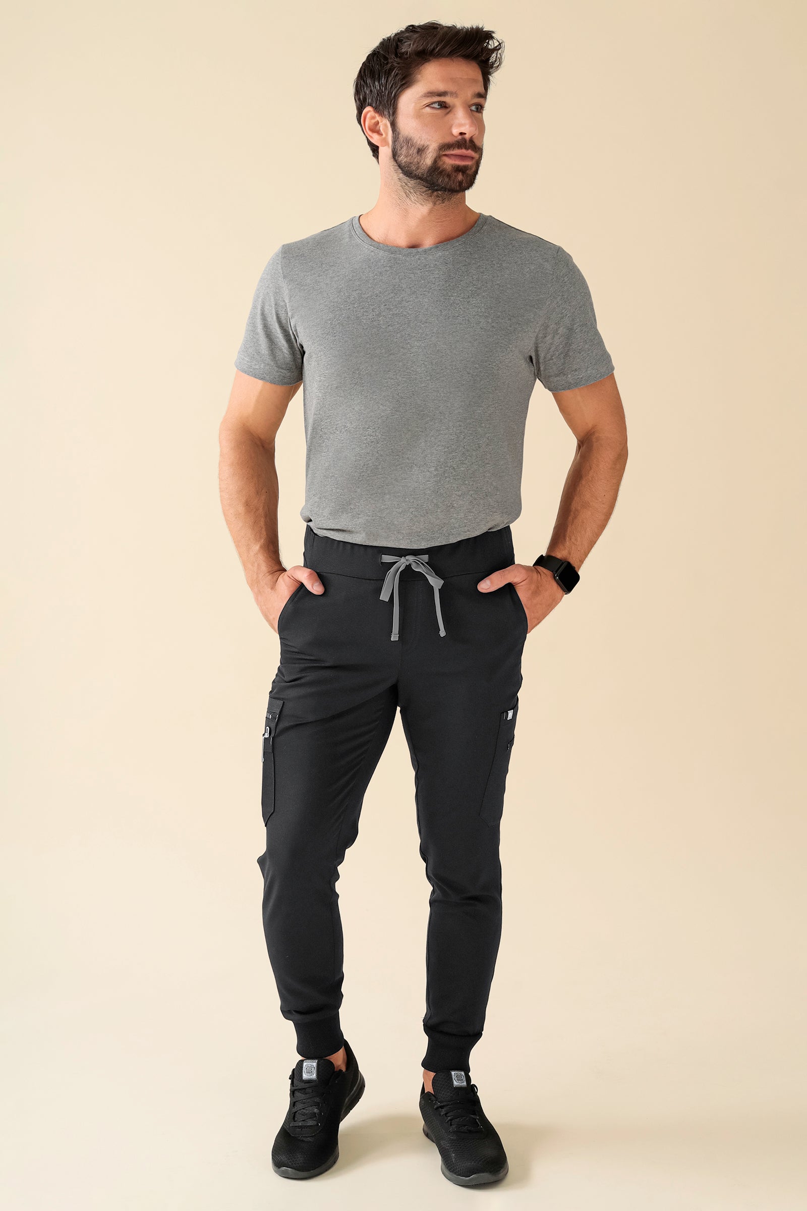 KAERE Pantalon Homme - avec poches cargo et ourlets côtelés Taille courte noir